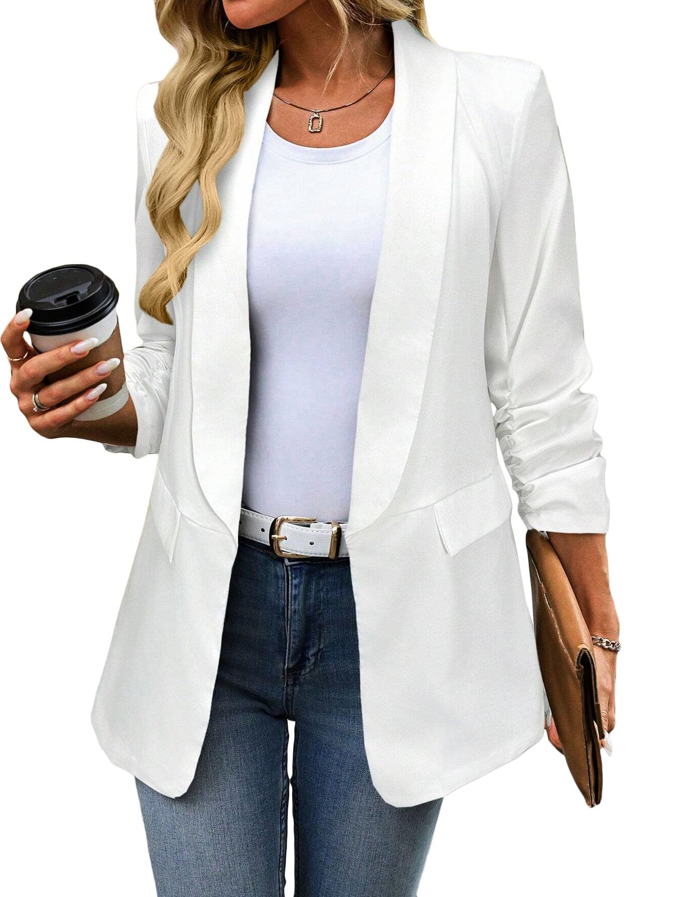 Mina Self Womens 3 4 Sleeve Blazers Ruched 2025 Fall Shawl Collar Open Front Casual Trendy Work Office
