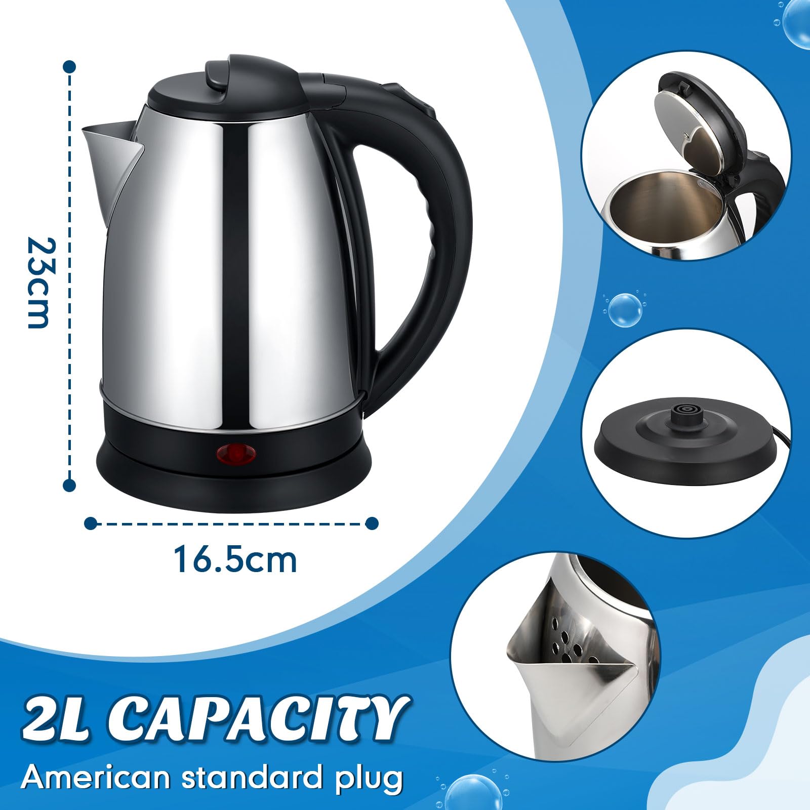 Baquler 2 Pcs 2L Electric Kettle Stainless Steel Hot Water Kettle with Auto Shut off and Boil Dry Protection Tech Electric Hot Water Pot Fast Boil for Coffee Tea Beverages