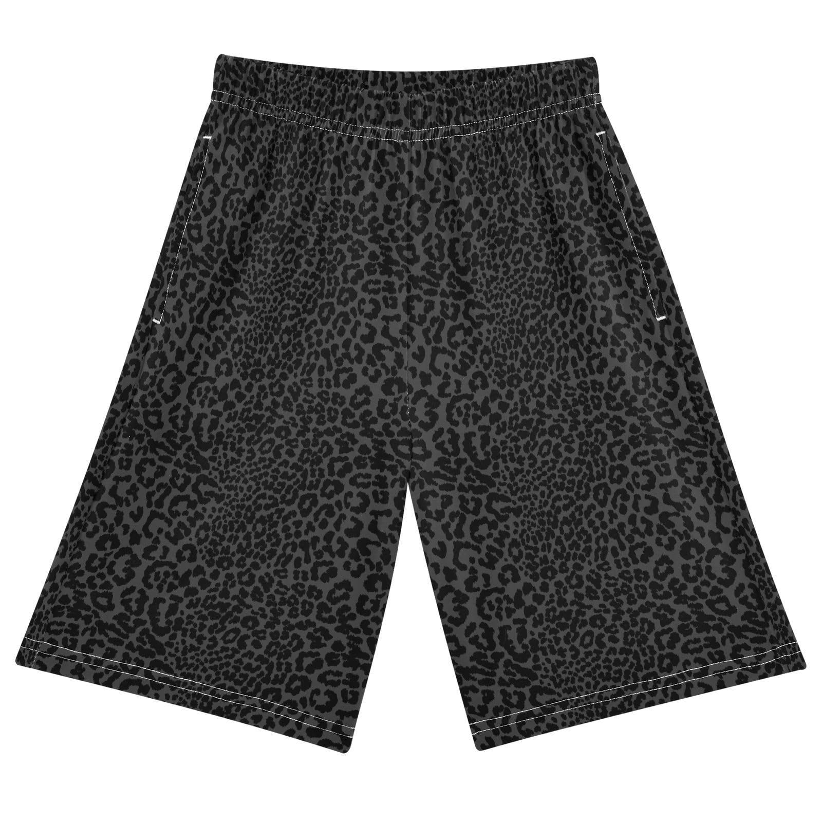 ALAZA Dark Gray Leopard Cheetah Print Boys Athletic Shorts Kids with Pockets Shorts for boy Girl Size 6-8 Years