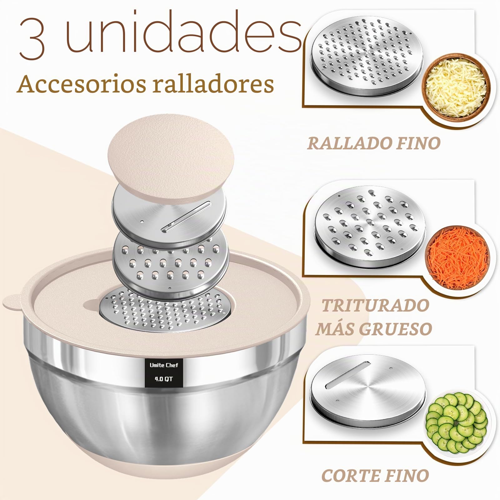 Umite Chef 8 cuencos para mezclar con tapa hermética, de acero inoxidable, color caqui, con accesorios de rallador, cuencos de cocina con base antideslizante, tamaño 5, 4, 3,5, 2, 1,5 l para mezclar y