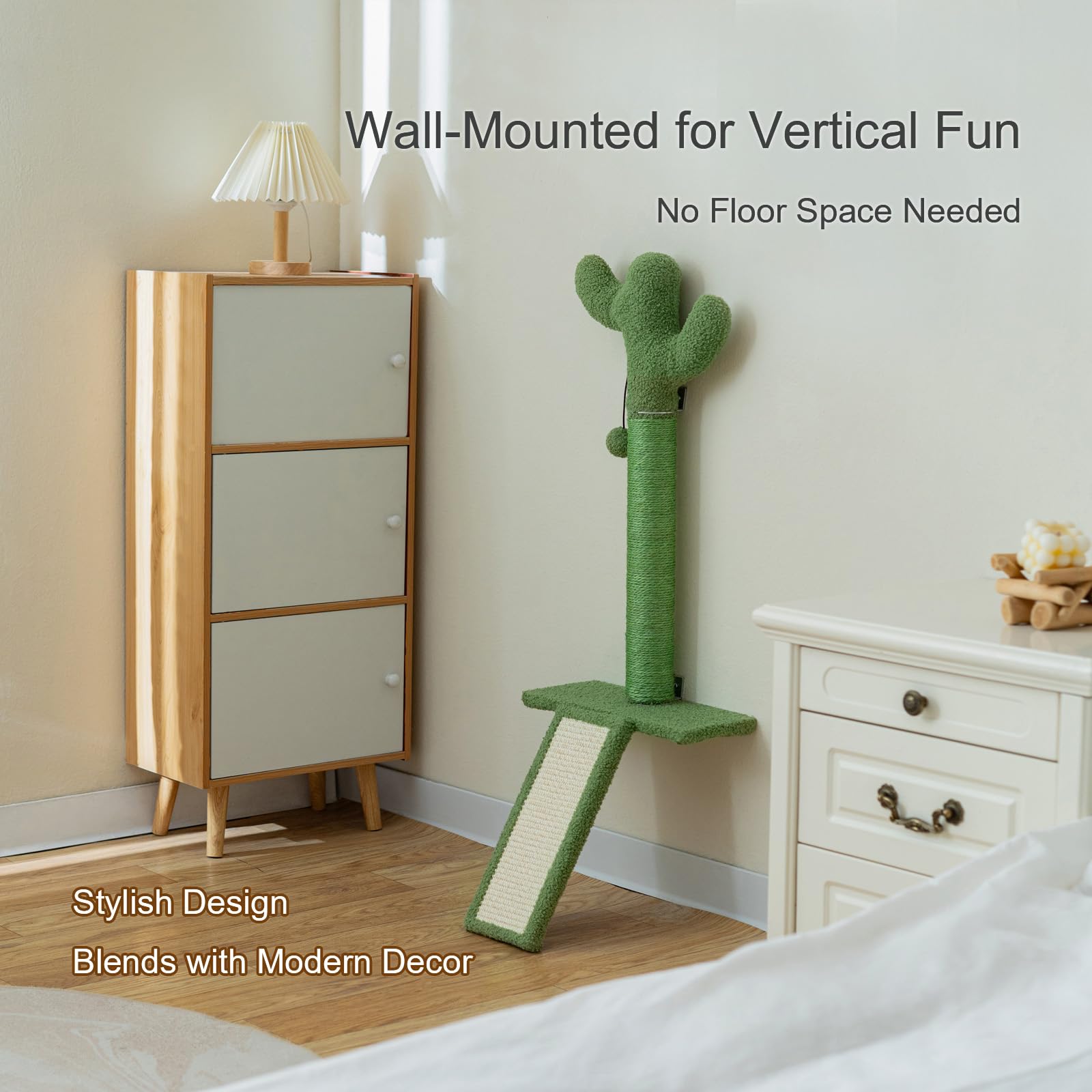Wall Mounted Cat Scratcher with Jump Platform – Tall, Stable Cat Wall Furniture with Sisal Post for Climbing and Scratching – Cactus Design for Indoor Cats - image 6