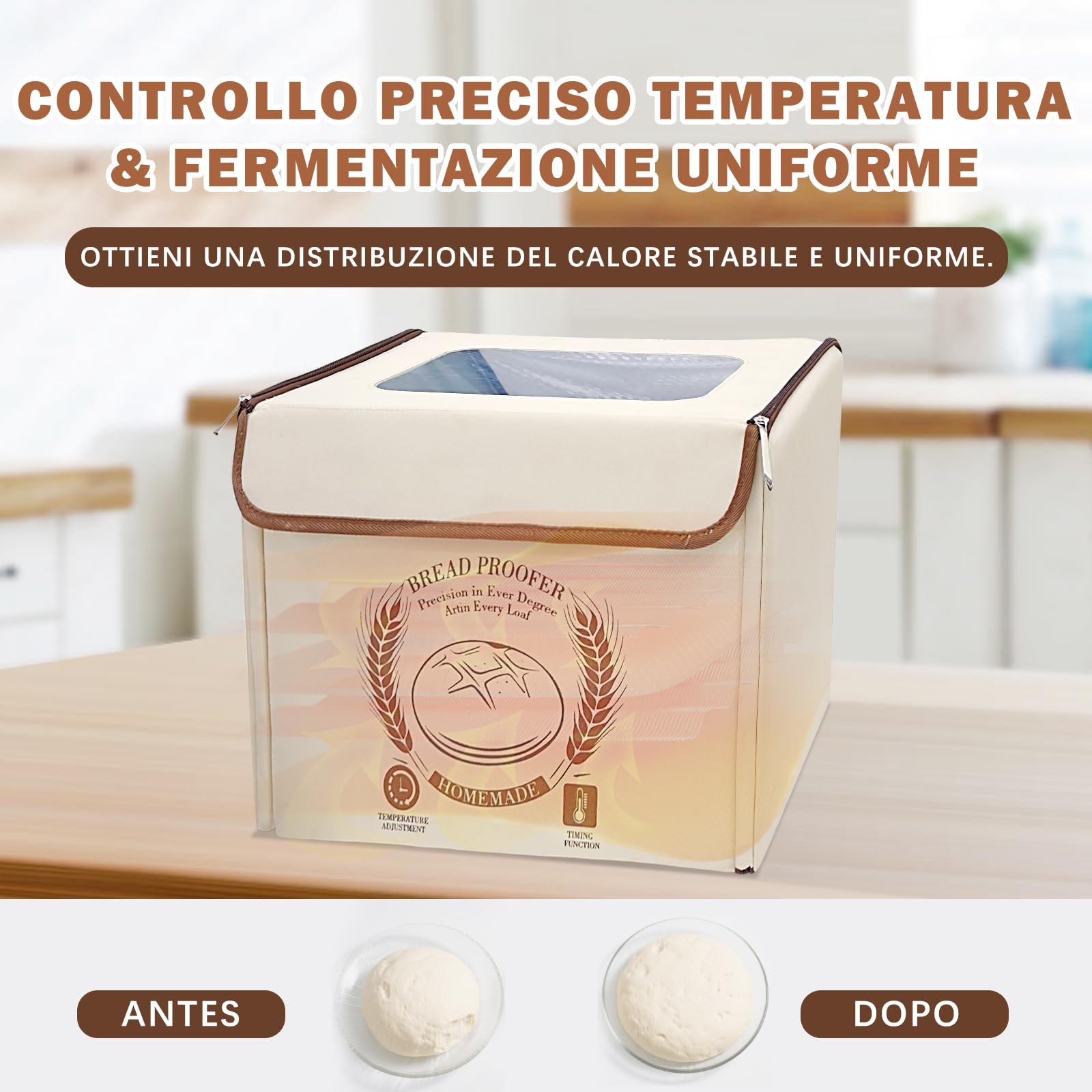 Scatola Lievitazione Pane con Riscaldamento, Cestino Pieghevole per Lievitazione Dell'impasto con Coperchio, Regolazione Temperatura e Controllo Tempo, Cestini di Lievitazione per Pane, Pizza, Yogurt