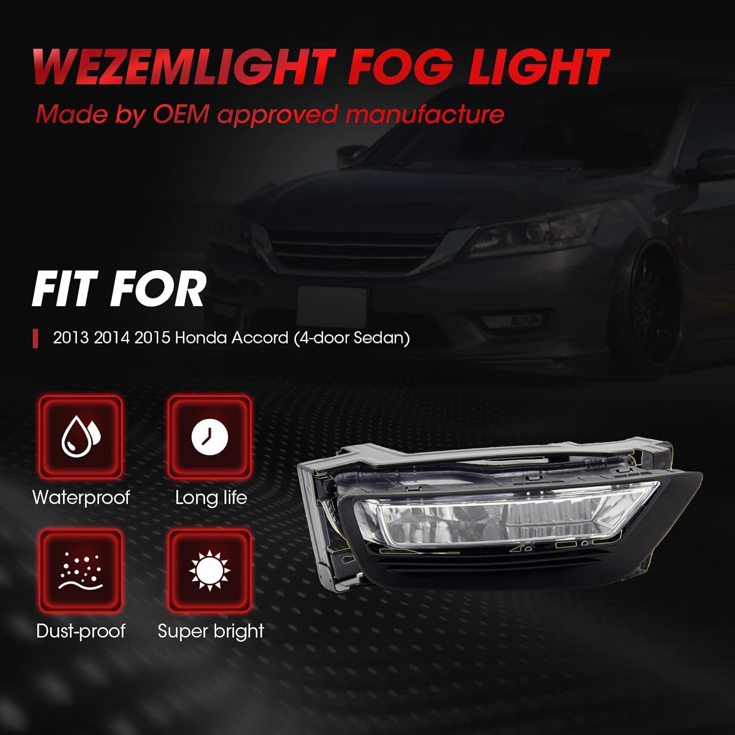 Fog Light Assembly Replacement For 2013 2014 2015 Honda Accord (4-door Sedan) With H11 12V 55W Halogen Bulbs, Switch And Wiring Kit (Clear Lens)