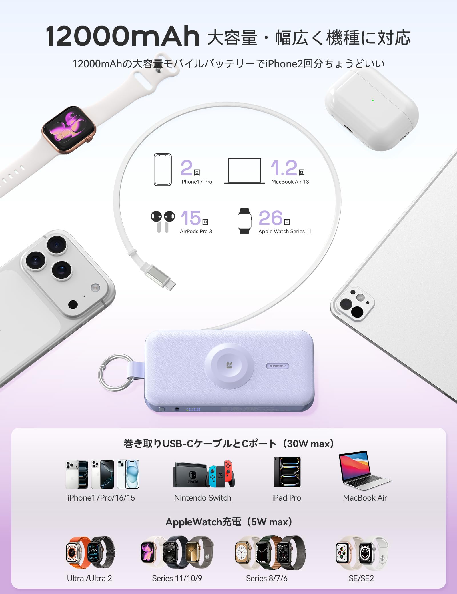 RORRY CharmGo Apple Watch 充電対応 モバイルバッテリー (12000mAh 30W) 巻き取り式 USB-C ケーブル内蔵 apple watch 充電器 レザー調 おしゃれ LED ディスプレイ コンパクト カラナビ付 3 台同時充電 パススルー & 低電流機能 大容量 ポータブル充電器 iPhone17/16/15/Android/iPad 対応 PSE技術基準適合 - 5