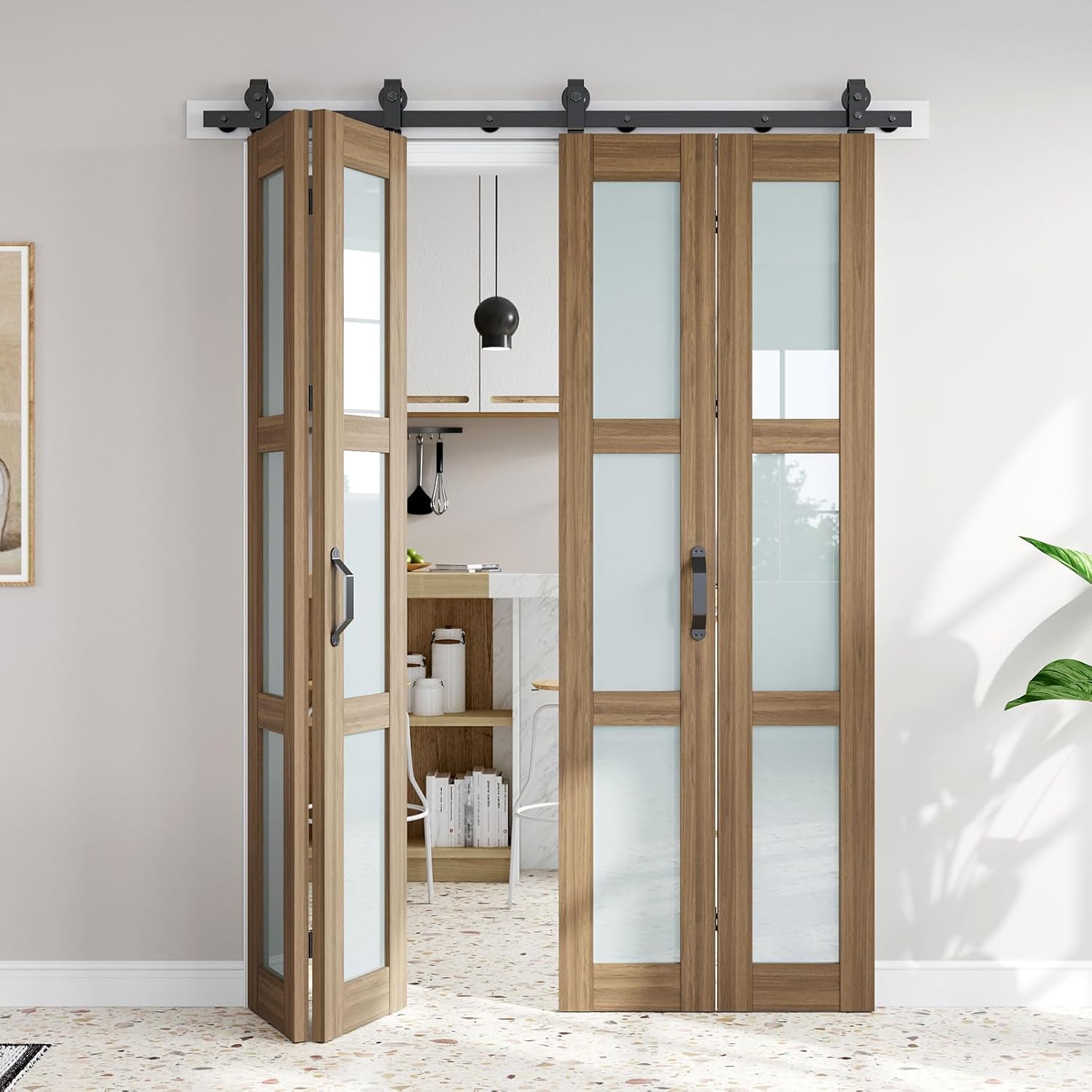 Fredbeck 64x84 Brown Bifold Frosted Glass Barn Doors Double 32x84 Door with Hardware