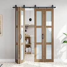 Fredbeck 64x84 Brown Bifold Frosted Glass Barn Doors Double 32x84 Door with Hardware