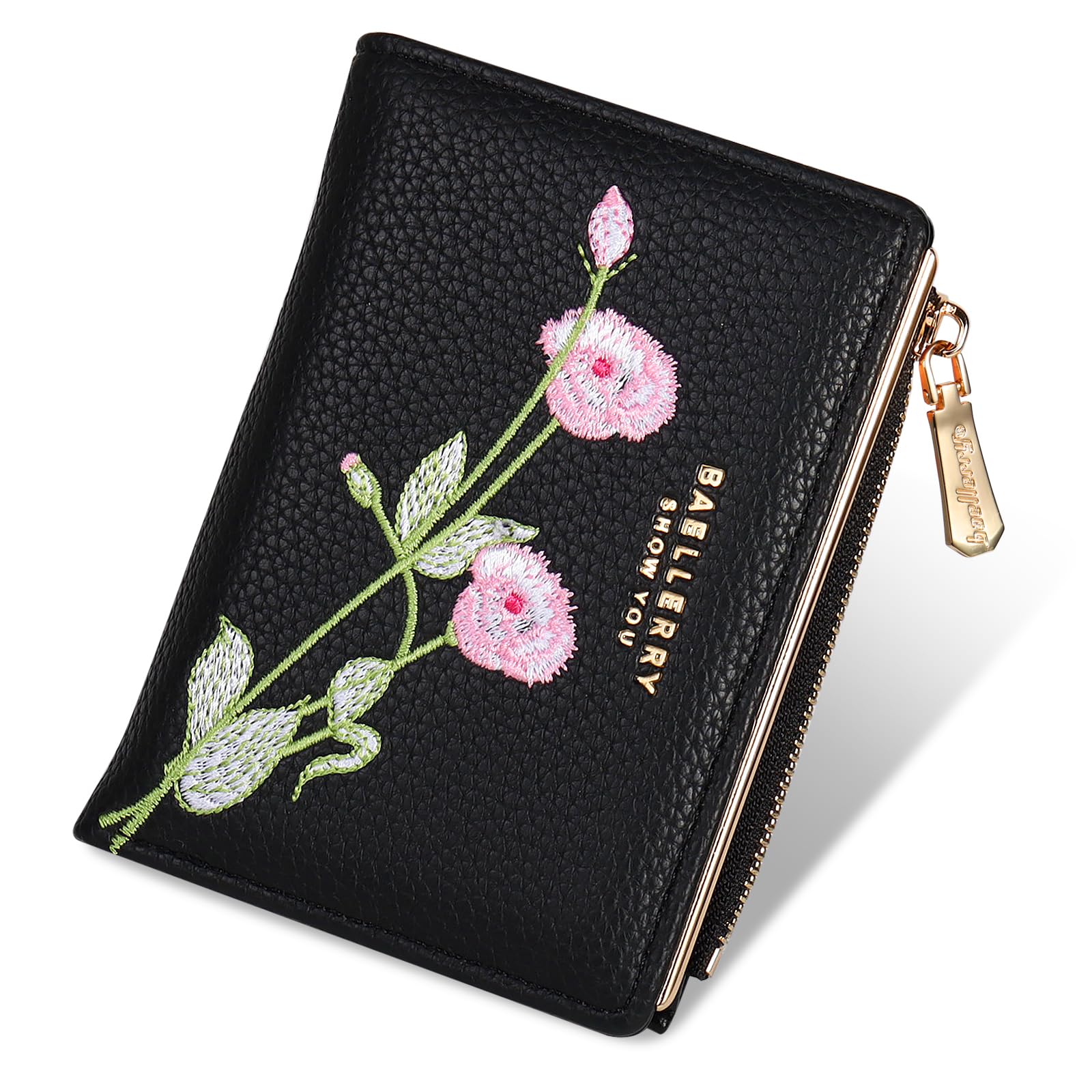Lapensa Small Wallet for Women -Bifold Embroidery Flower Wallet RFID Blocking PU Leather with Zipper Pocket for women girls(Black)