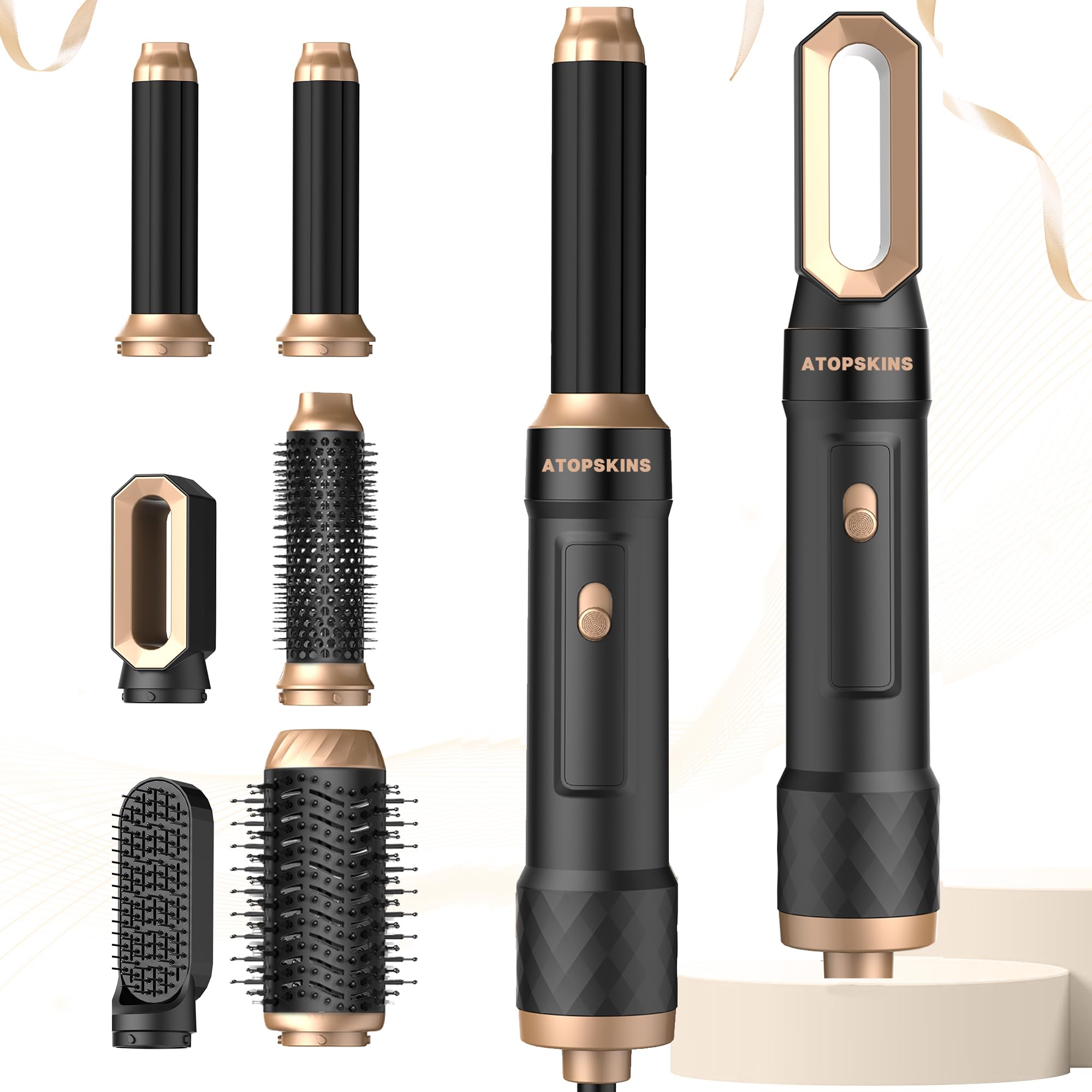 Haardrogerborstel, 6-in-1 Air Styler, 1000 W, föhnborstel met haardroger, ronde borstel, luchtkrultang, stijlborstel voor haar, zwart