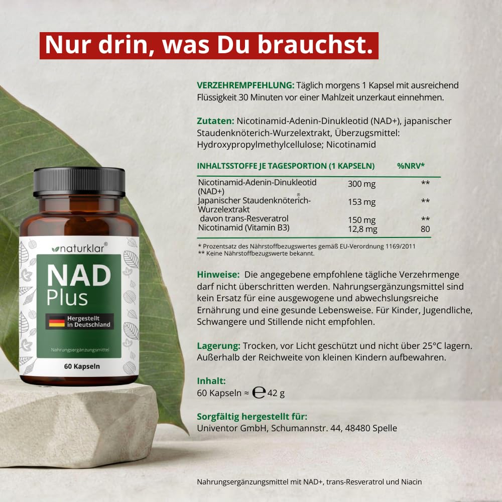 Zell Formel - NAD+ Faktor - NAD Plus Kapseln mit Resveratrol und Nicotinamid - Vegan - 2 Monate Reichweite - laborgeprüft in Deutschland - 60 Kapseln von Naturklar