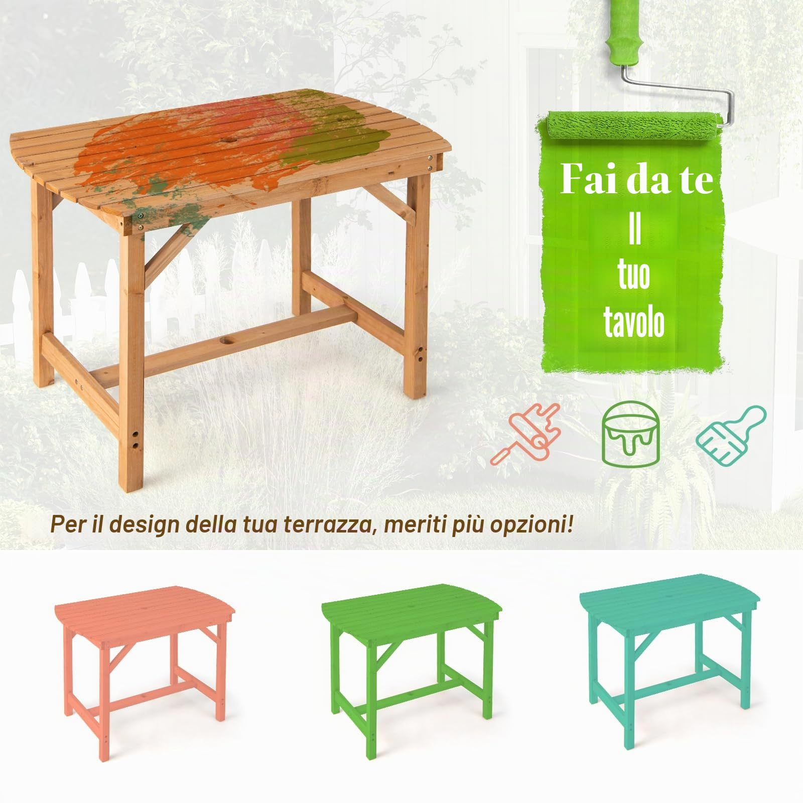 KOMFOTTEU Tavolo da Giardino in Legno di Abete, Tavolo da Pranzo con Foro per Ombrellone, Tavolo Ausiliare con Portata di 180 kg, Tavolo da Salotto per 4-6 Persone, 100 x 60 x 75 cm, Naturale