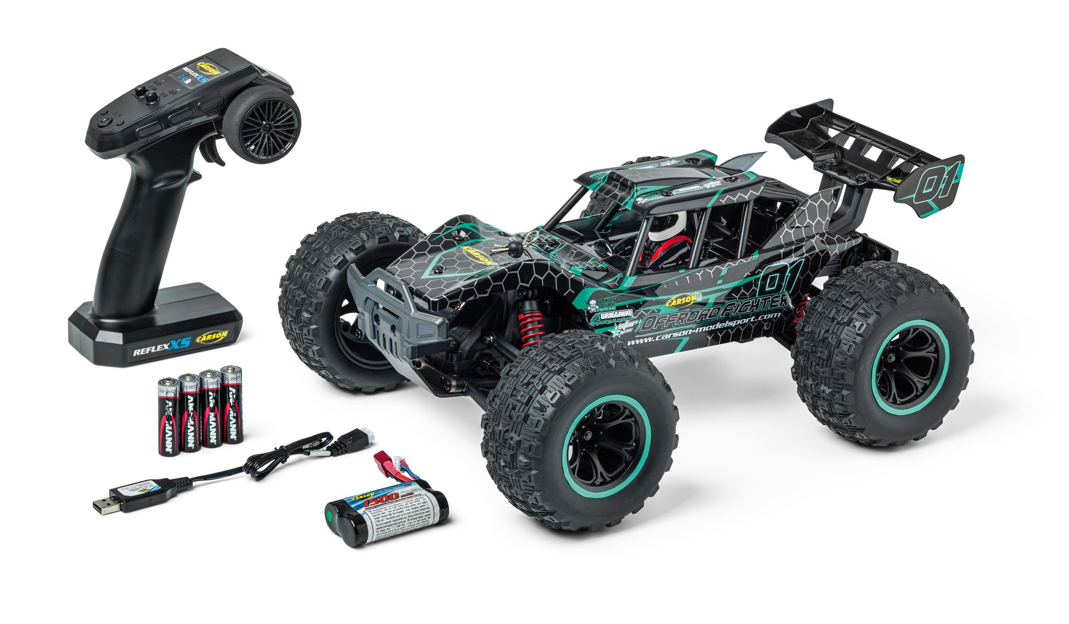 Carson 500404254 1:10 XS Offroad Fighter Cage 100% RTR Turquesa - Coche teledirigido, Buggy con radiocontrol, Incl. Pilas y Mando a Distancia, Buggy Todoterreno