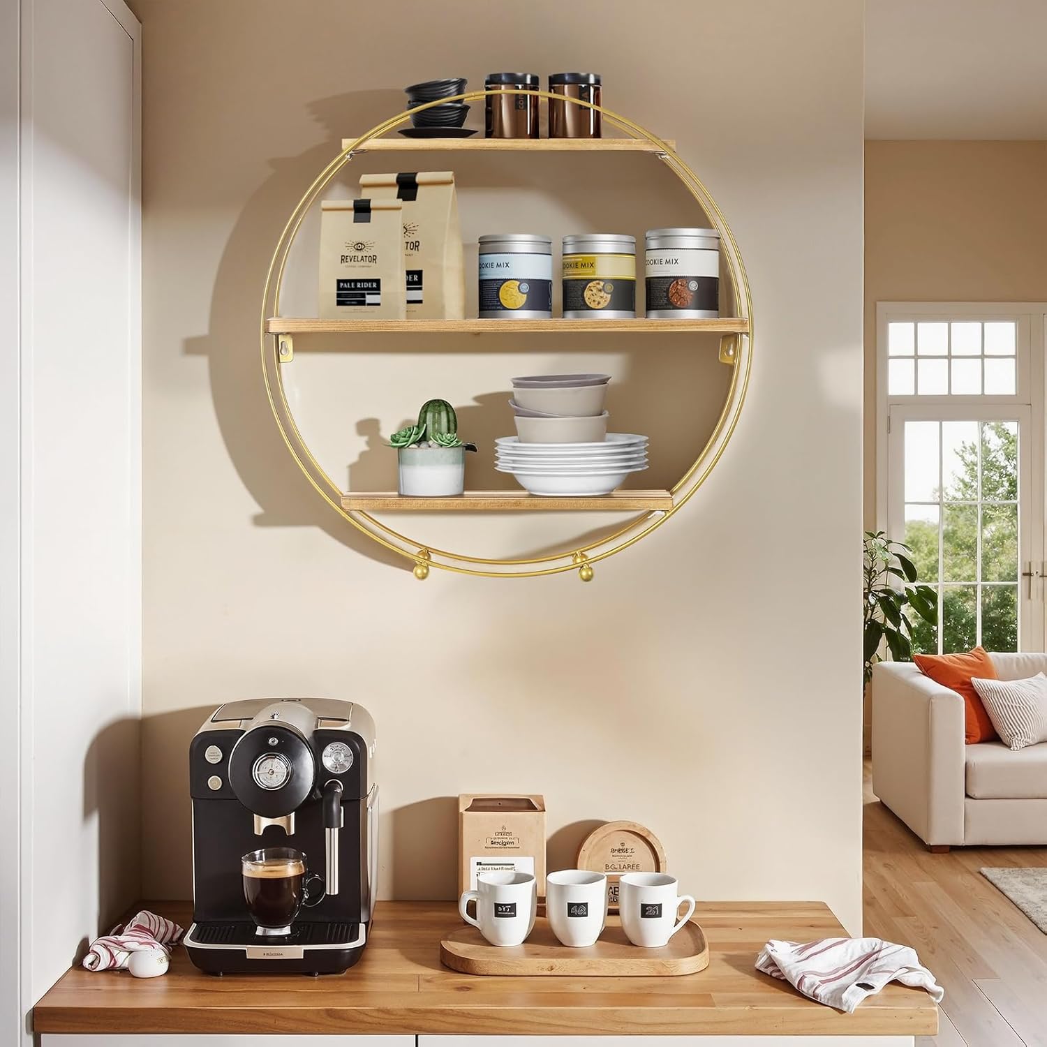 Joveco Round Wall Shelf Gold, 3 Tier Metal & Wood Circle Shelf Set, Round Shelves Wall Decor for Living Room,Bedroom,Bathroom (Gold)