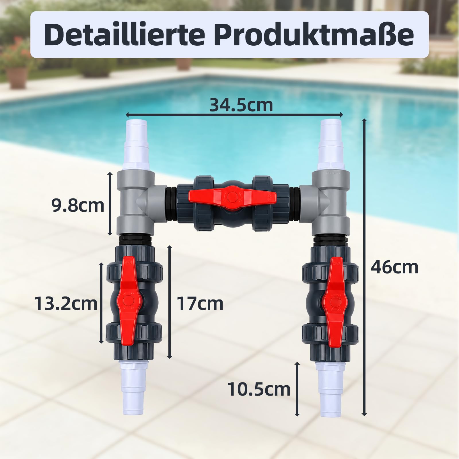 Bypass zestaw 3-drożnych zaworów, przyłącze basenowe do obejścia basenowego Ø 32/38 mm | Sterowanie dopływem wody do instalacji filtrów piaskowych, ogrzewania basenu, pompy ciepła do basenu, ogrzewania solarnego