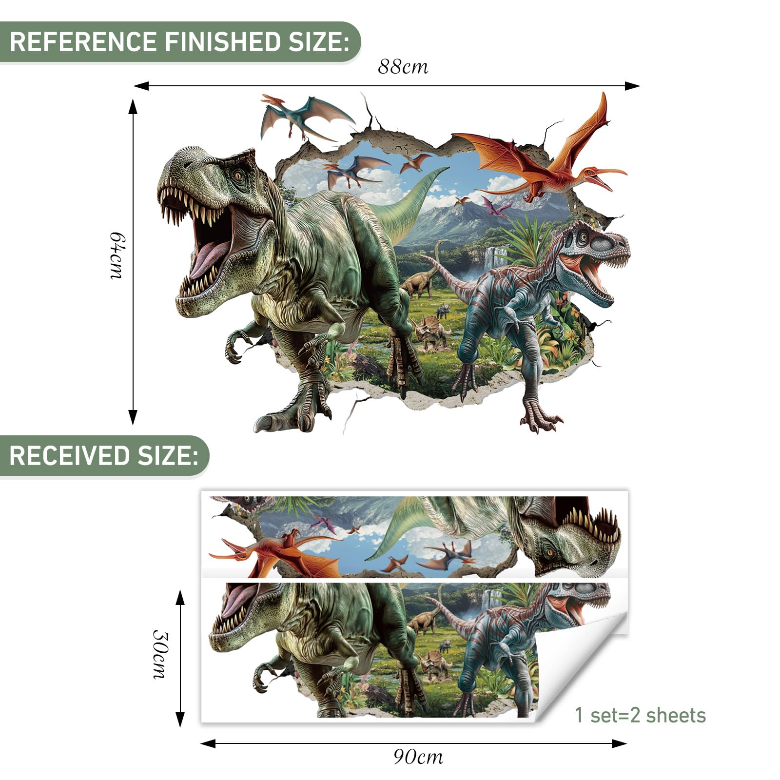 SHUCHING 3D Large Dinosaur Wall Decals Peel and Stick, Dino T-Rex Wall Sticker for Boys Wall Decoration for Kids Bedroom Playroom - Image 4