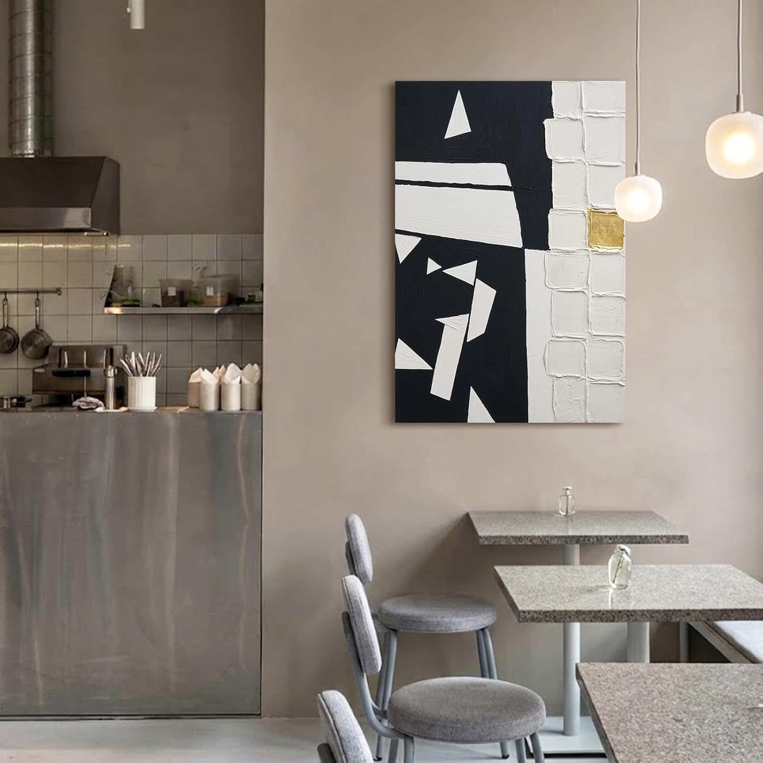 JUHOME Original Hand-Painted Abstract Canvas Wall Art – Modern Black and White Textured Oil Painting with Gold Accent, Minimalist Geometric Wall Decor for Living Room Bedroom Office 24x36 Inch