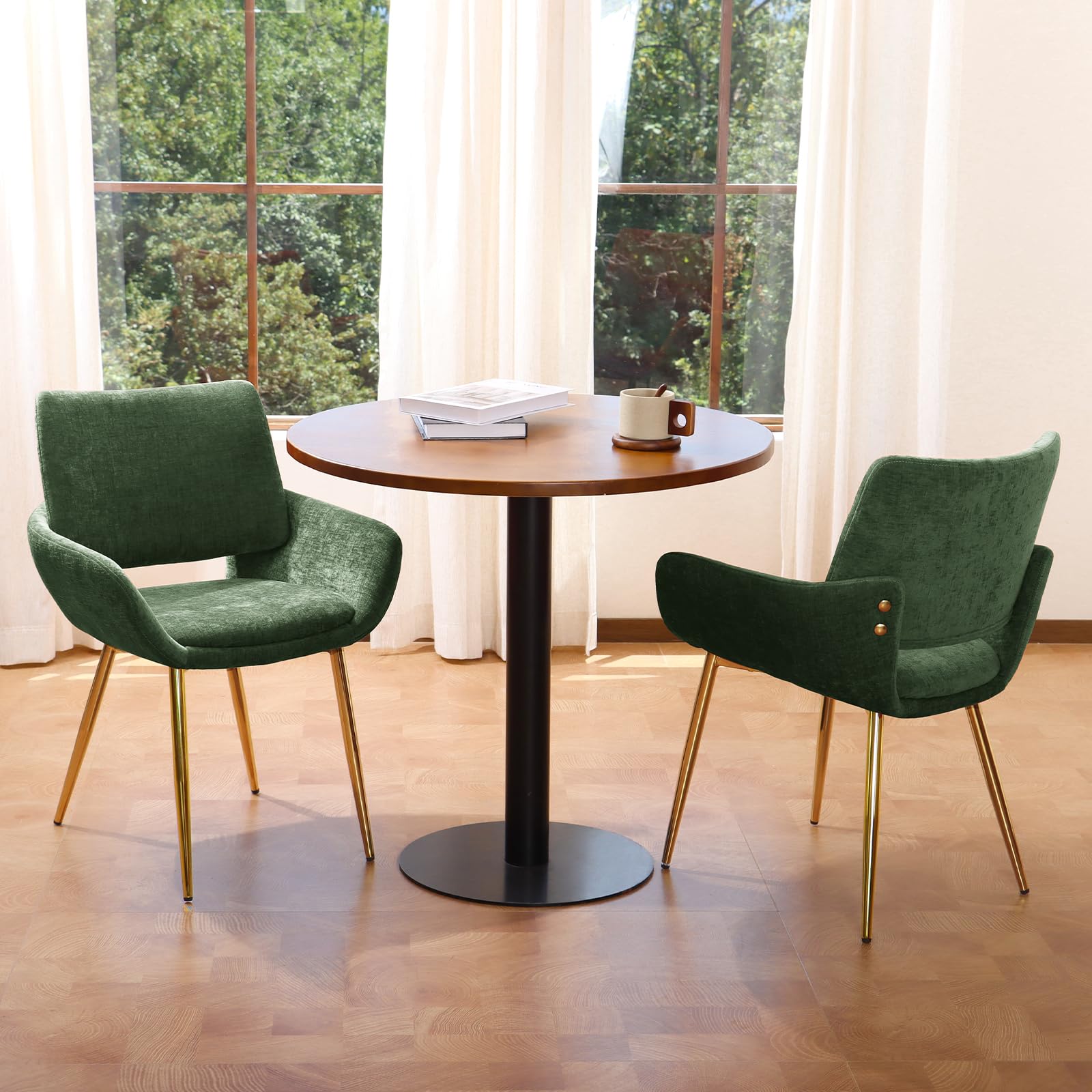 ELUCHANG Chaise Salle a Manger Lot de 4 avec accoudoirs, Vert Chenille, Pieds en métal doré, Idéal pour Salle à Manger Cuisine Dressing Coiffeuse, Jusqu’à 150 kg