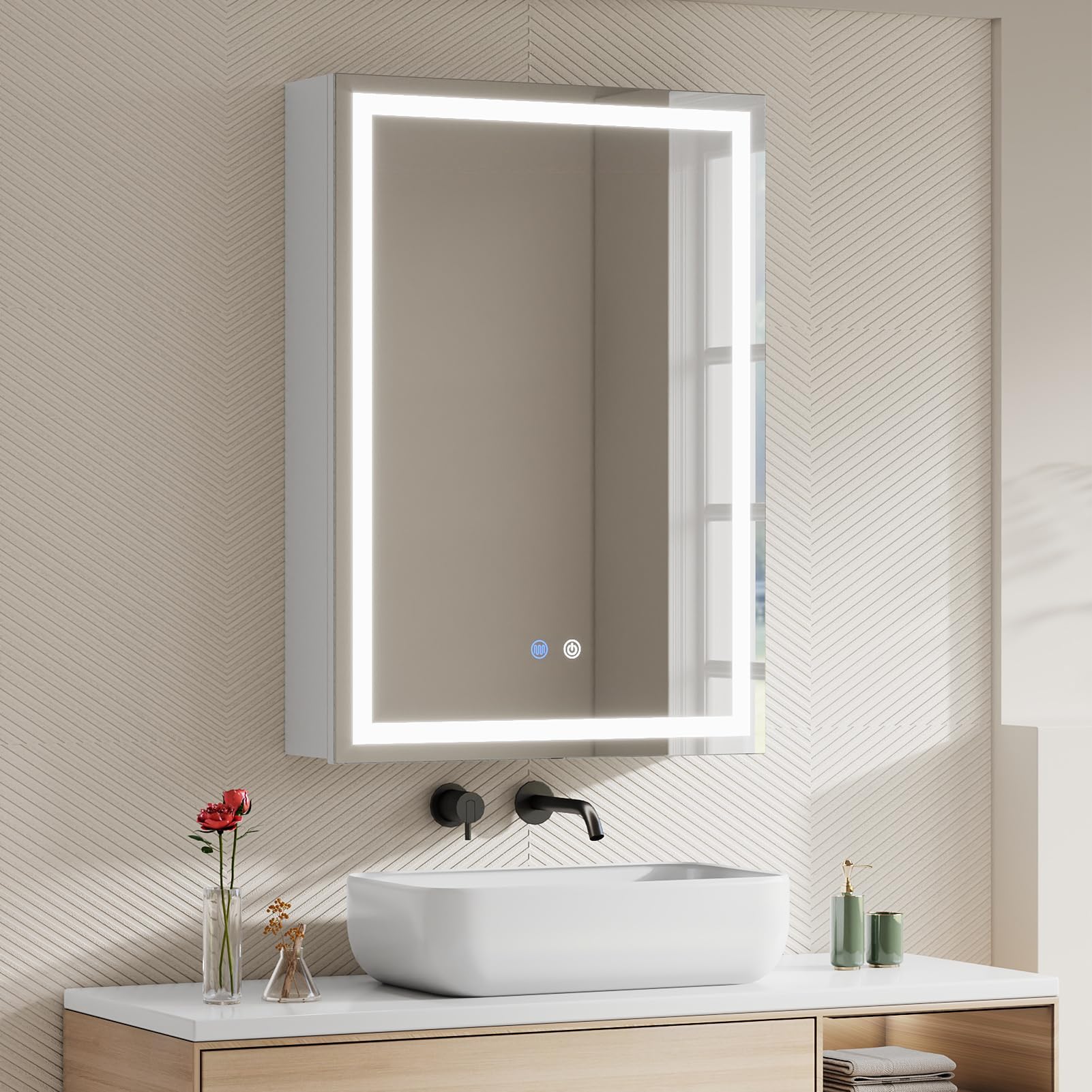 Warmiehomy Bathroom Mirror Cabinet with LED Lights,45x60cm 3-color Dimmable Illuminated Bathroom Mirror Cabinets with Shaver Socker Defogger Touch Switch One Door,White Frame