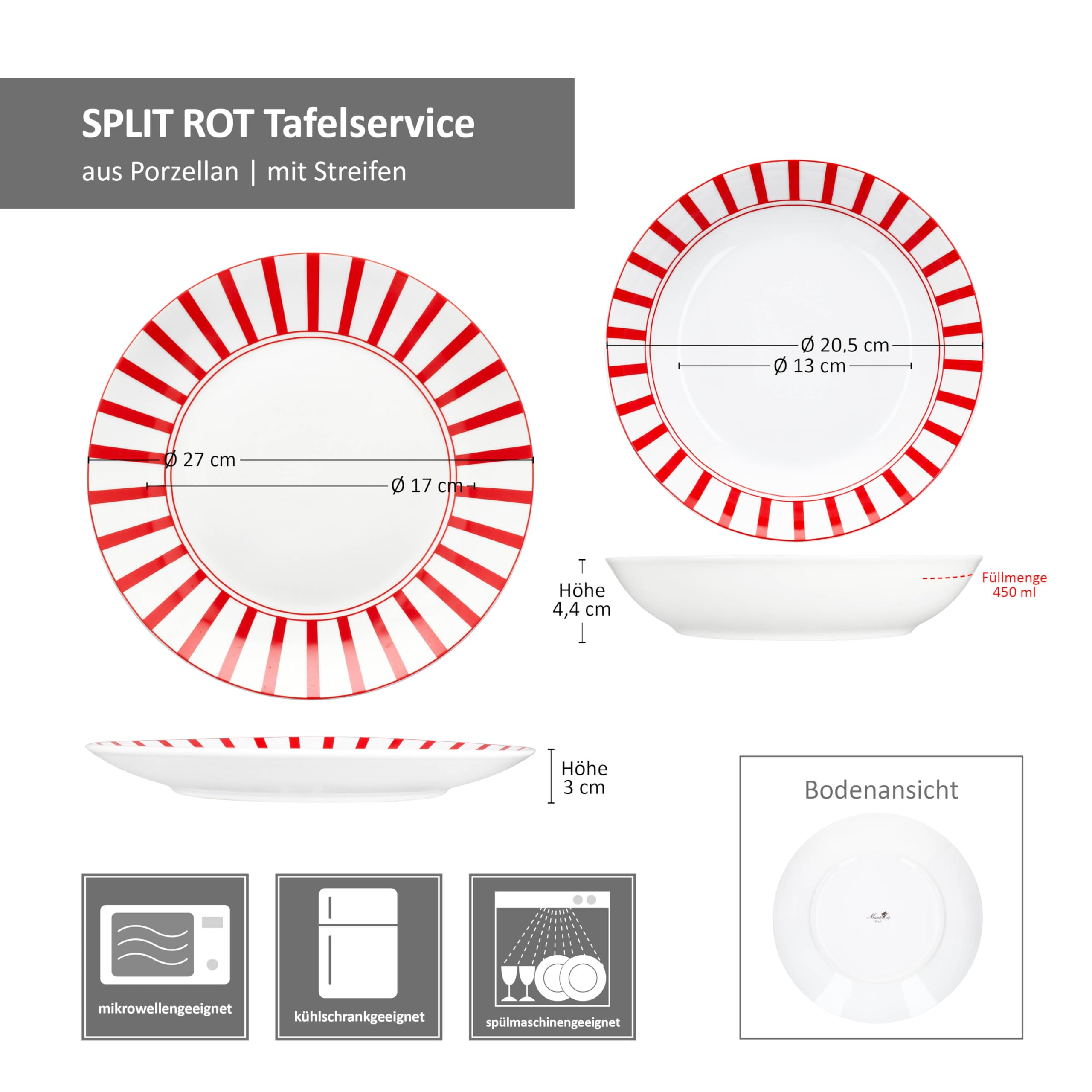 MamboCat Service de table Split rouge 12 pièces - Vaisselle en porcelaine blanche avec rayures pour 6 personnes - 6 assiettes creuses et 6 assiettes plates pour petit-déjeuner, déjeuner et dîner