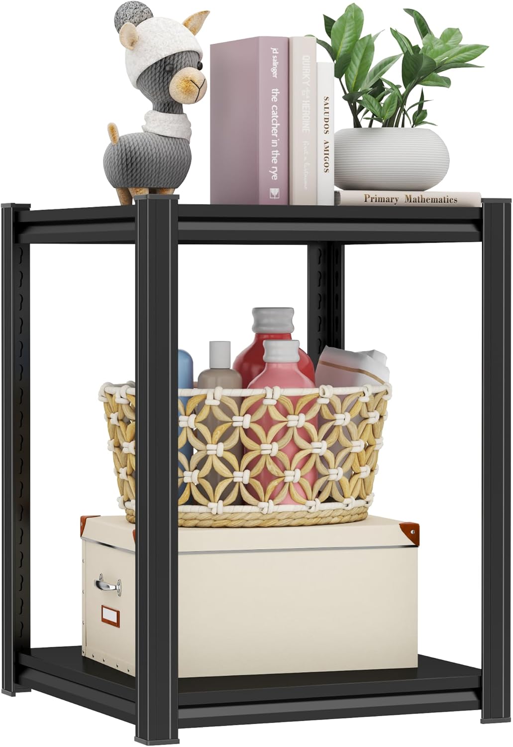Metal End Table Bedside Night Stand, Small Coffee Table Stand, Black Storage Shelves Metal Side Table Sofa Couch Table Corner Shelf for Small Spaces Bedroom Living Room Office 15.7"W*15.7"D*22"H