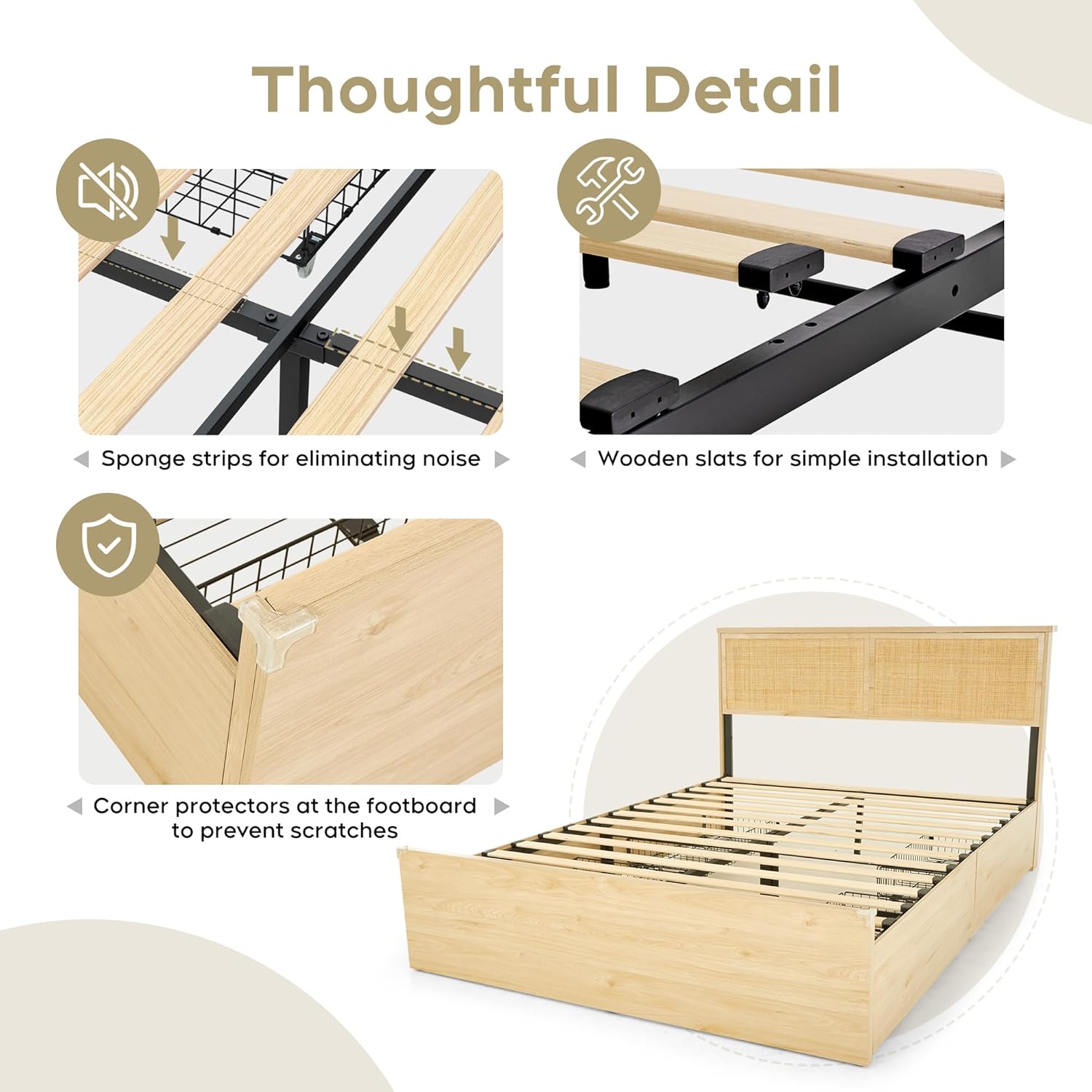 Detailed view of bed frame components including sponge strips, wooden slats, and corner protectors