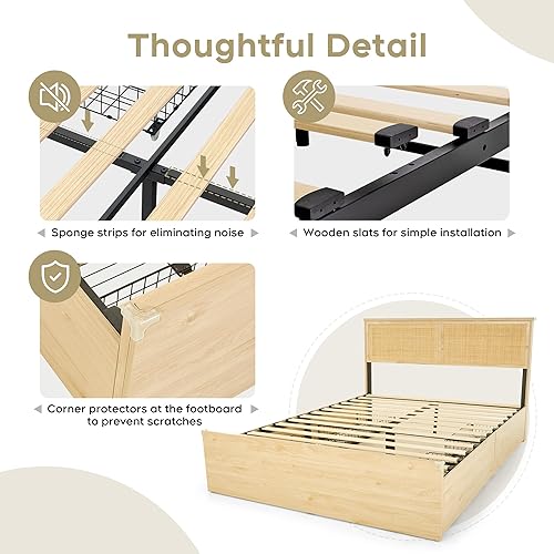 Miniatura 6 de XIAO WEI Cabecero de ratán natural tamaño Queen con 4 cajones de almacenamiento y estribo, cama de plataforma de madera bohemia con marco de acero