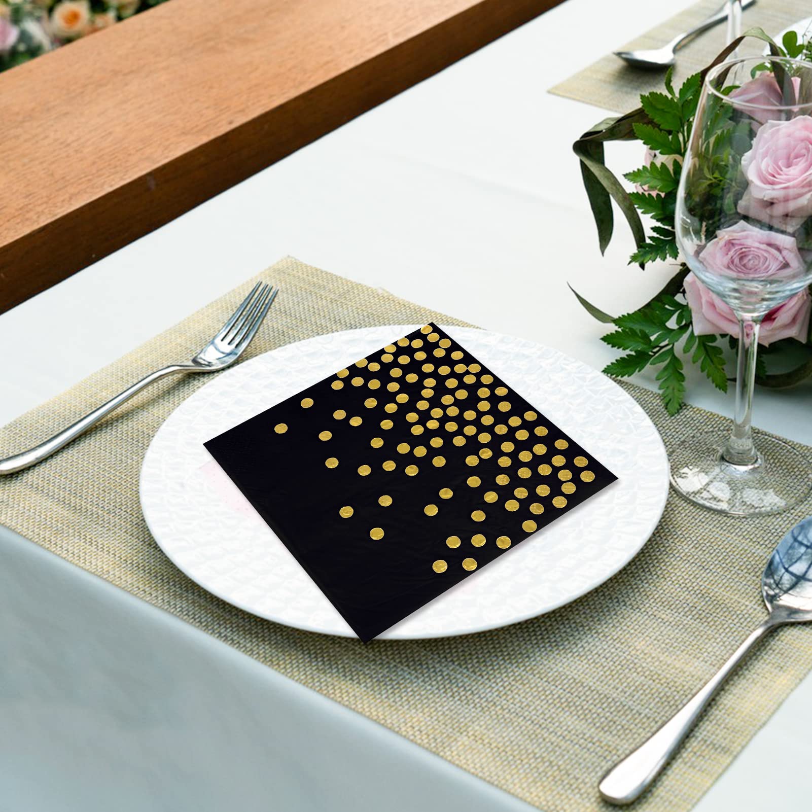 40 Tovaglioli Neri E Oro Da 15 X 15 Cm, Tovaglioli Da Cocktail
