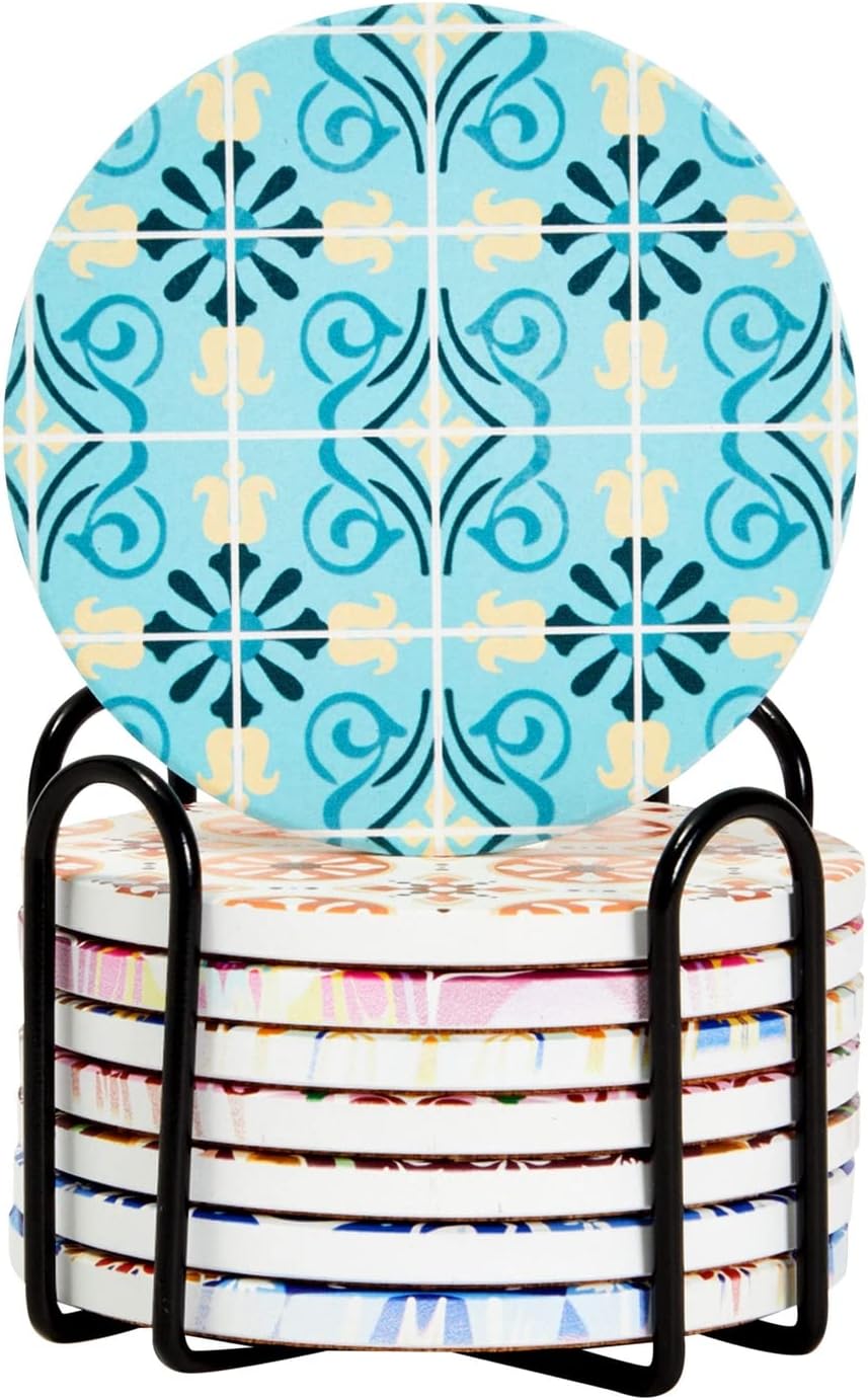 Mediterranean Ceramic Coasters with Cork Base and Iron Holder, Set of 8