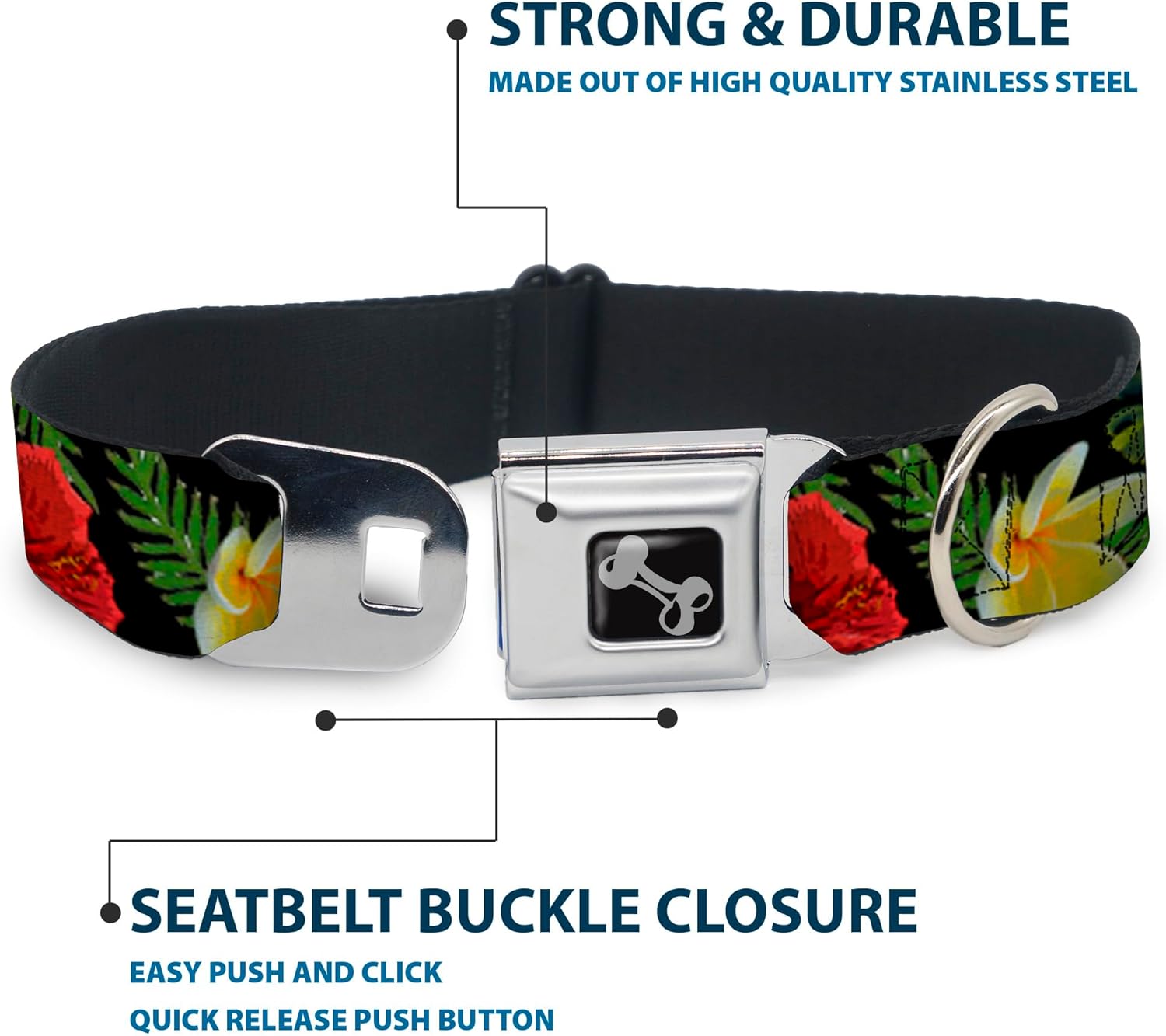 Dog Collar Seatbelt Buckle Tropical Floral Collage Black Red Orange 11 to 17 Inches 1.0 Inch Wide
