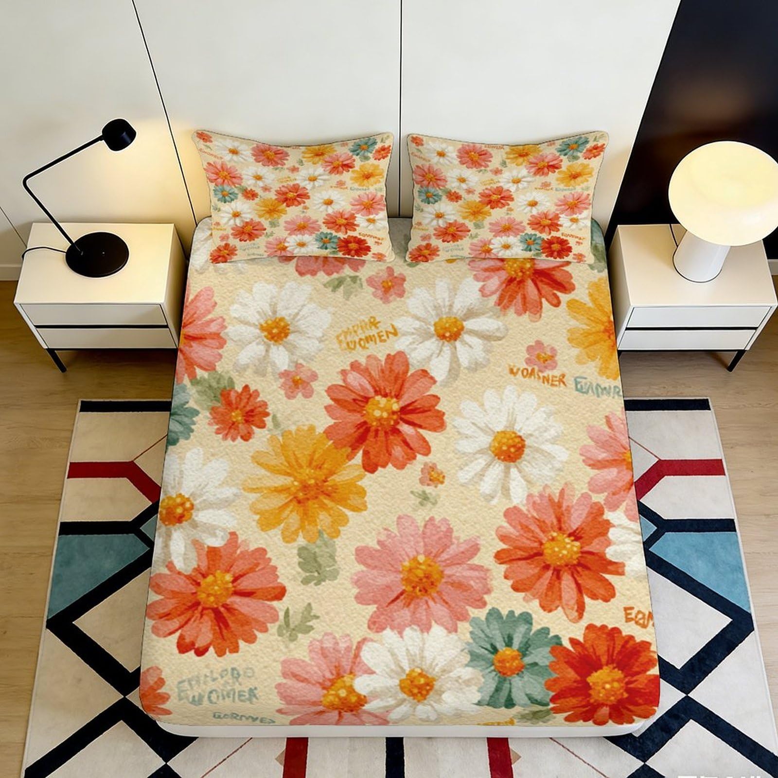 3D Printed Daisy Bloom Fitted Sheet Microfiber Floral Pastel Mattress Cover Anti-Slip Machine Washable for Bedroom Dorm Decor 120x200cm 90x200x25cm