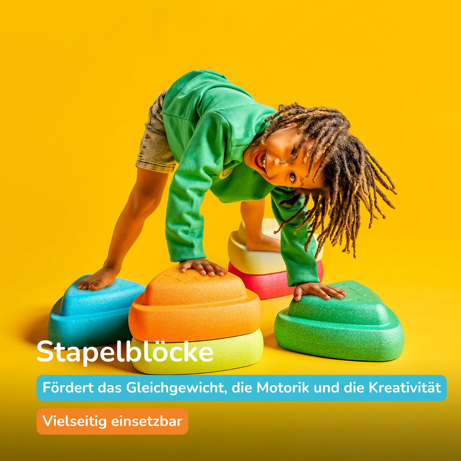 Nattou Blocky Balancesteine für Kinder - Stapelbare Spielsteine - Rutschfestes Sensorisches Spielzeug - Innen & Außen - Fördert Gleichgewicht & Motorik - 50 cm - Mehrfarbig