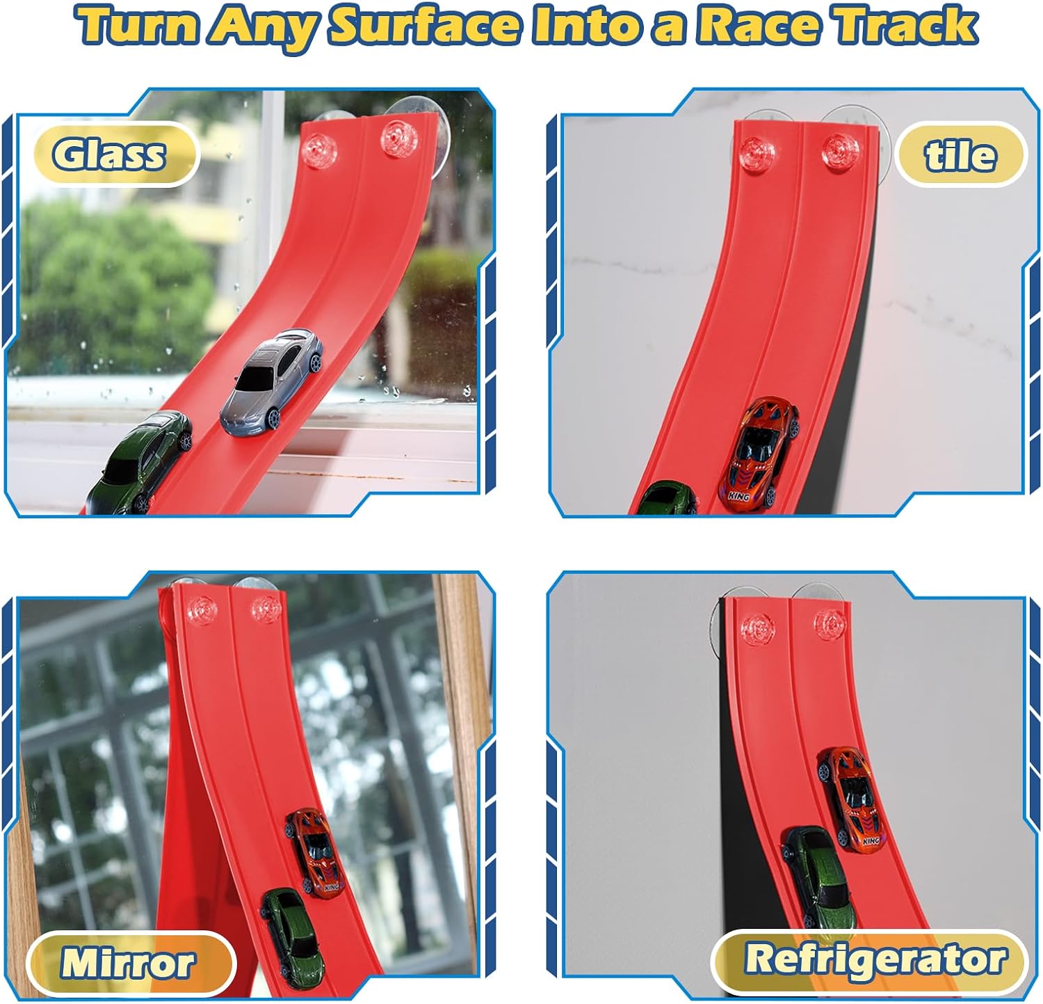 Upgrade Flexible Race Track for Kids 3 , Flexible Car Track 15Ft Race Track Compatible with Diecast 1/64th Cars, Roll Up Car Ramp Toy with Strong Suction Cups