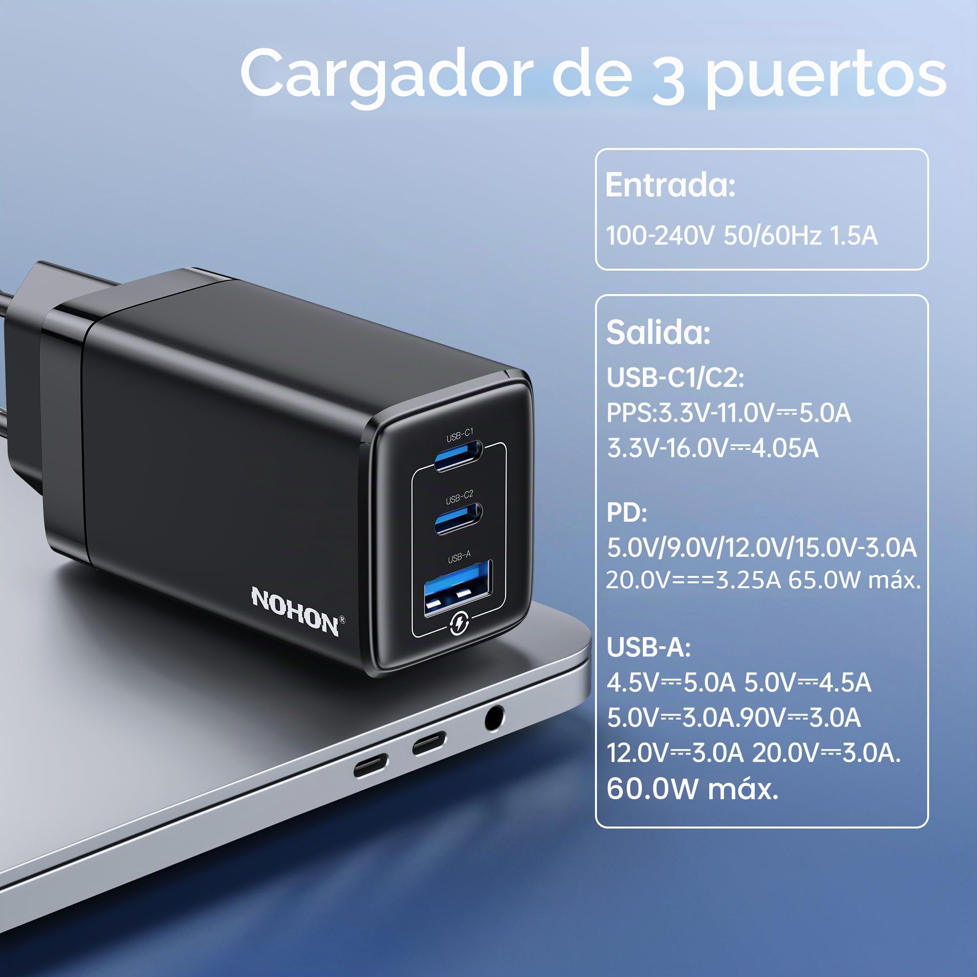 NOHON Cargador USB-C Carga Rapida: 65W GAN 3-Puertos PD3.0 Cargador | Enchufe USB C con 140W Tipo C Cable 1.2M | Compatible con MacBook Pro Air Airpods iPad iPhone 14 13 12 11 Samsung Galaxy S
