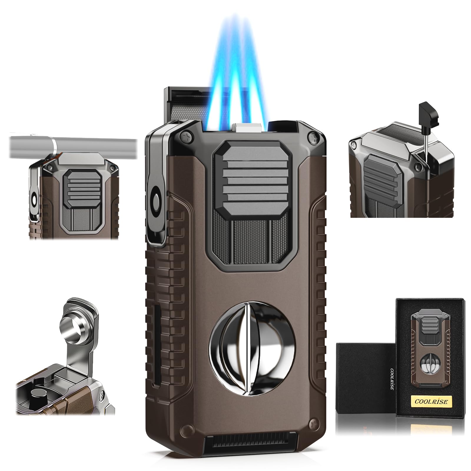 5-in-1 Torch Lighter with Triple Jet Flame Built-in Tool Punch Holder and Draw Enhancer Tool Windproof Cool Lighters