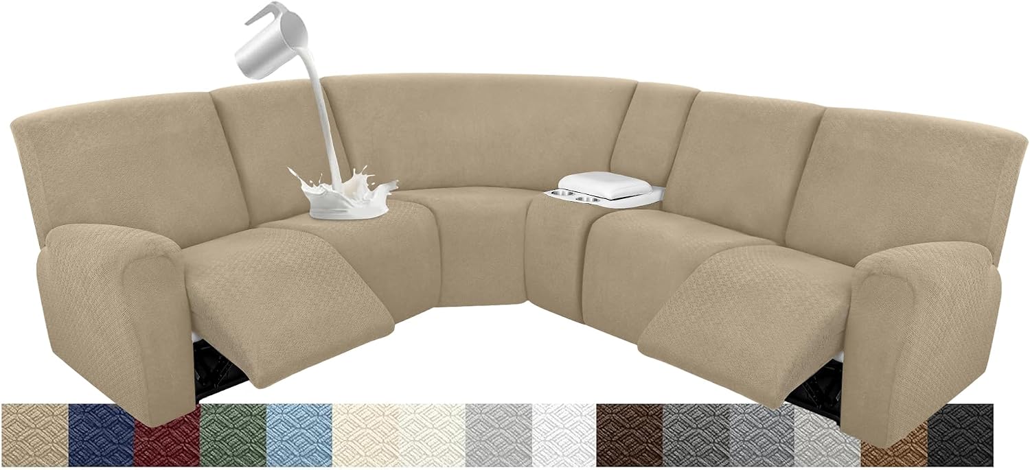 Waterproof Reclining Sectional Couch Covers Washable L Shaped Couch Cover for Sectionals Recliner Sofa Covers Stretch Corner Recliner Slipcovers for Dogs (5 Seater 1 Console Cover, Tan)