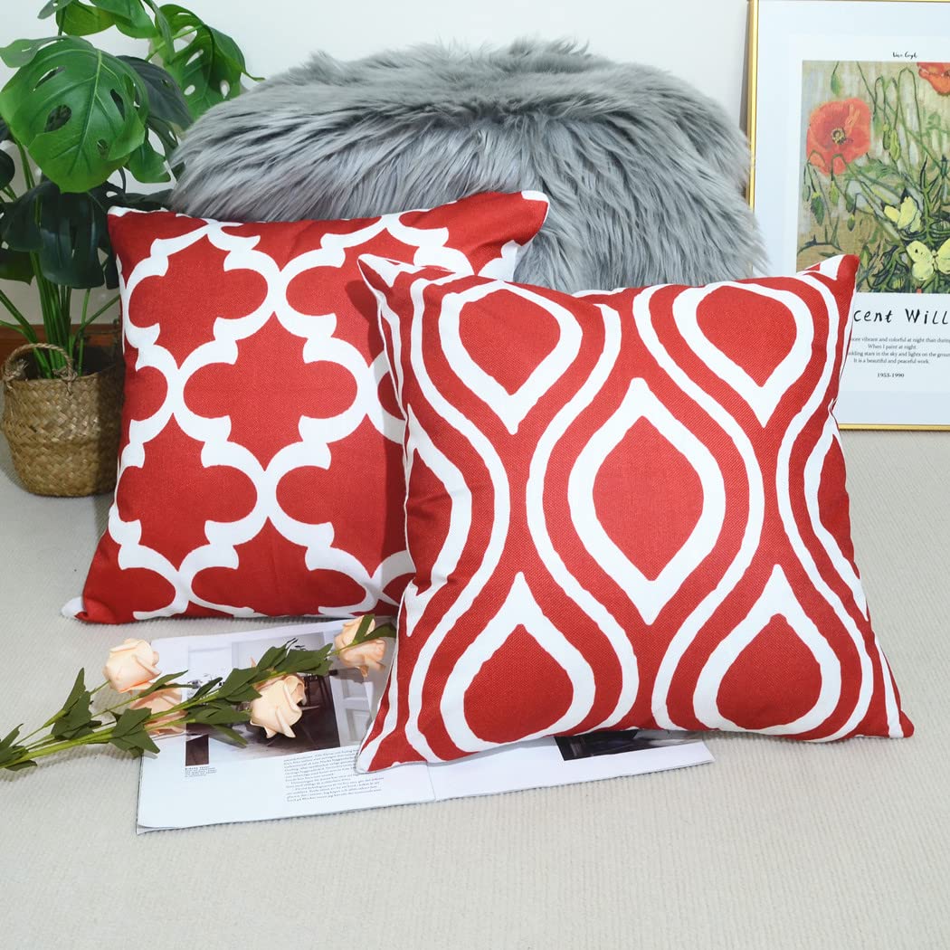 Rosso Federe Cuscini in Cotone e Lino Modello Geometrico,Federa per Divano Camera da Letto Casa All'aperto Terrazza Decorazione per Interni Auto 45x45cm, Set di 6 Pezzi