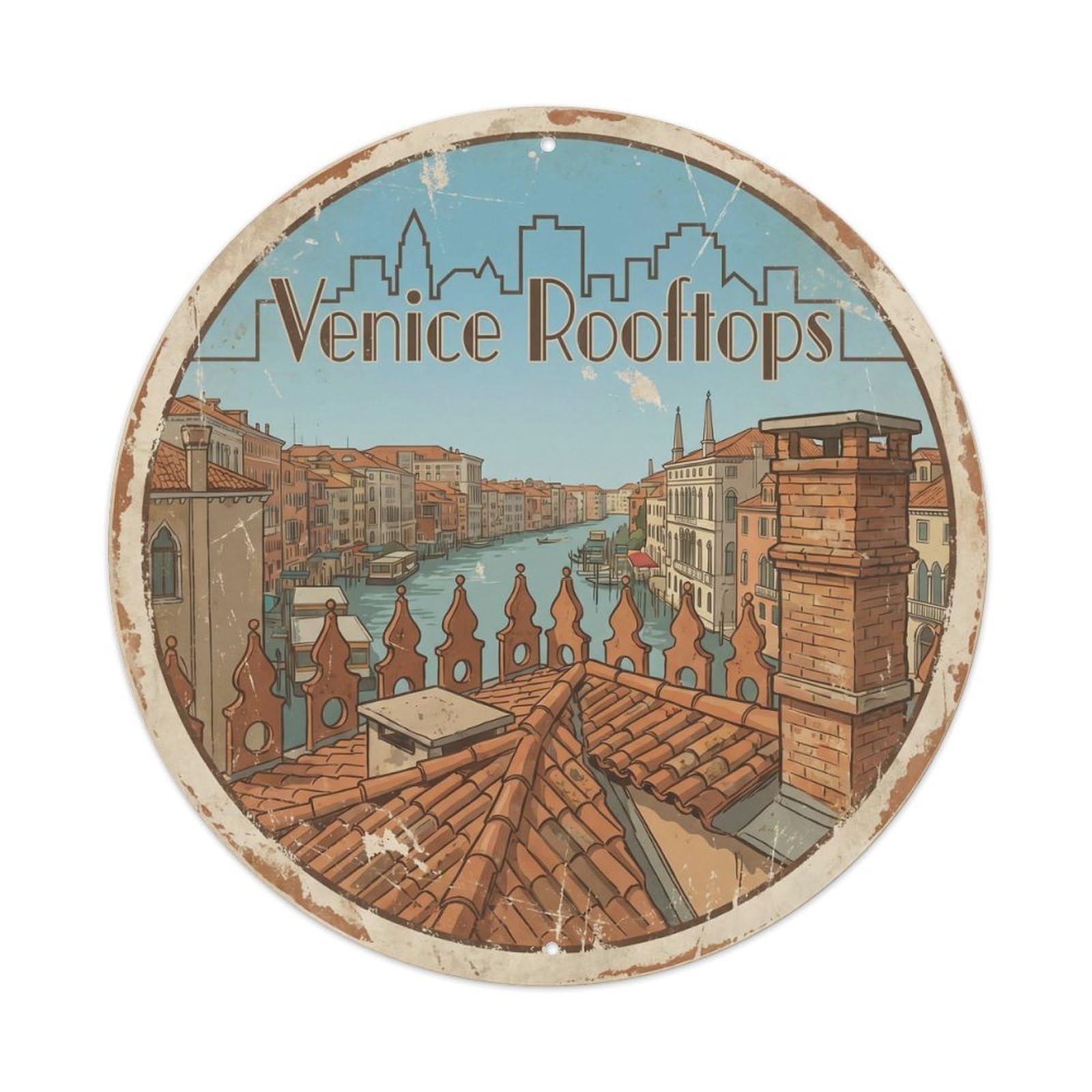 Venice Lagoon Gondola Vintage Canal Italy Heritage Adventure Metal Tin Sign Plaque Wall Decor for Cafe, Man Cave, Club Bar, Office, Home Garden Round Metal Poster 8x8Inch