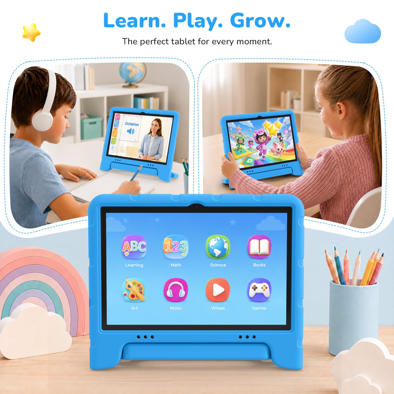 EDDBNi Tablet per bambini Android 15 Tablet da 10 pollici per bambini con custodia Quad Core 64 GB doppia fotocamera controllo parentale 2.4G WiFi compresse educative (blu)
