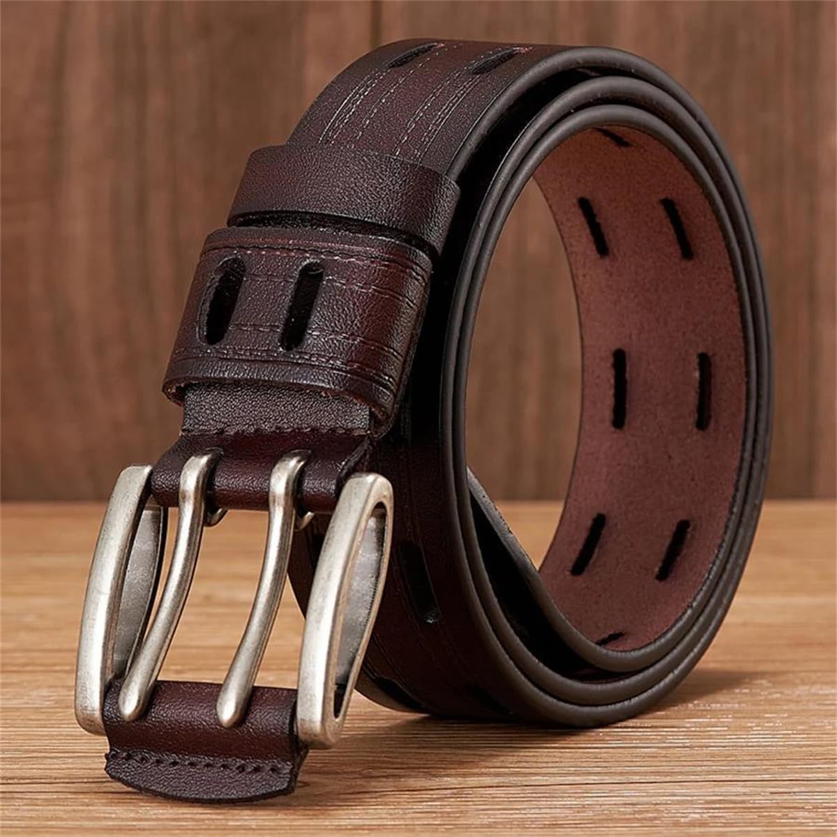 Herrengürtel Aus Echtem Leder Mit Doppelter Dornschließe, Schicker Retro-Jeansgürtel