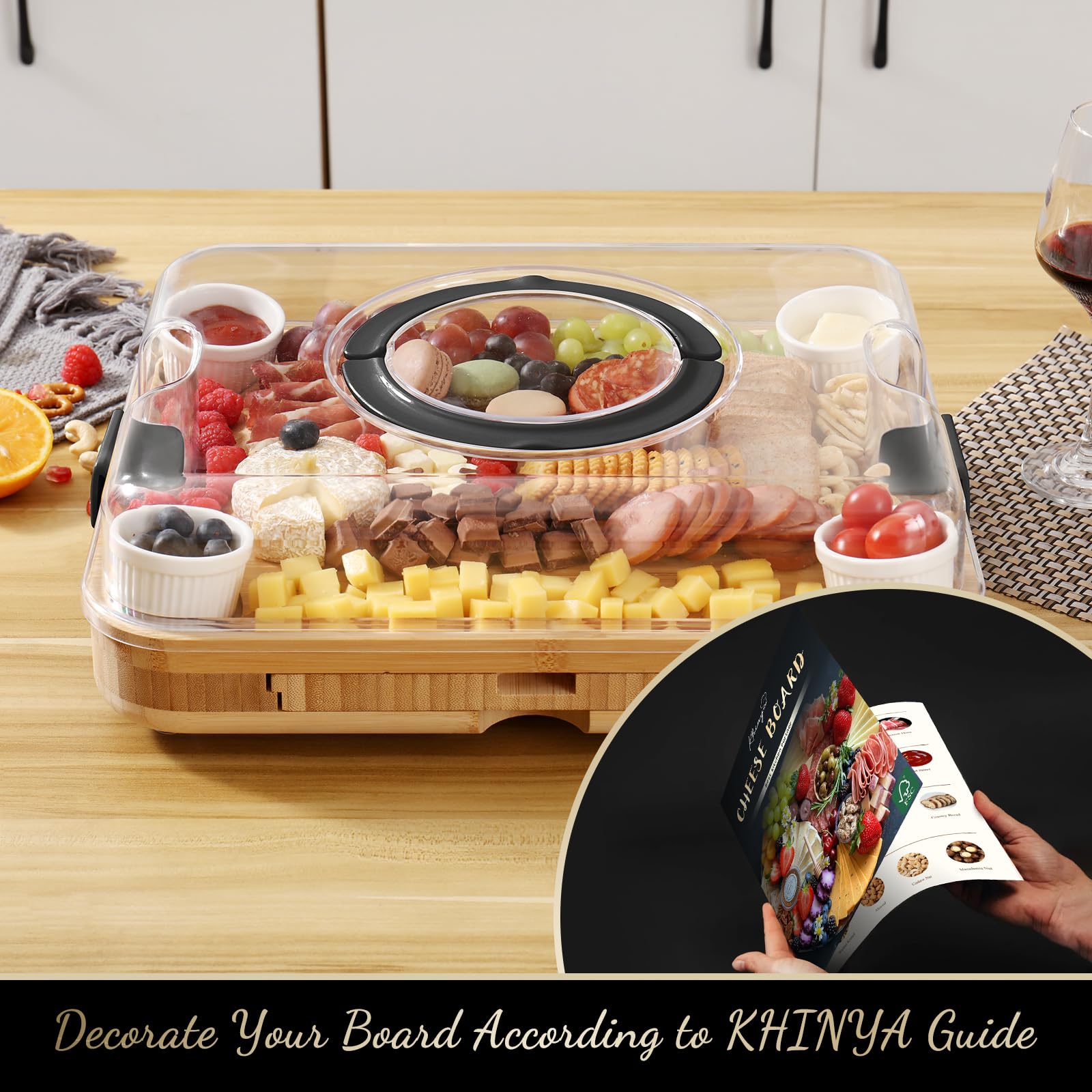 KHINYA Tablas de charcutería, juego de tablas de queso, tabla de charcutería con tapa, regalos para mujeres, plato de queso para inauguración de la casa, práctico diseño de tapa con asa (3 cajones,
