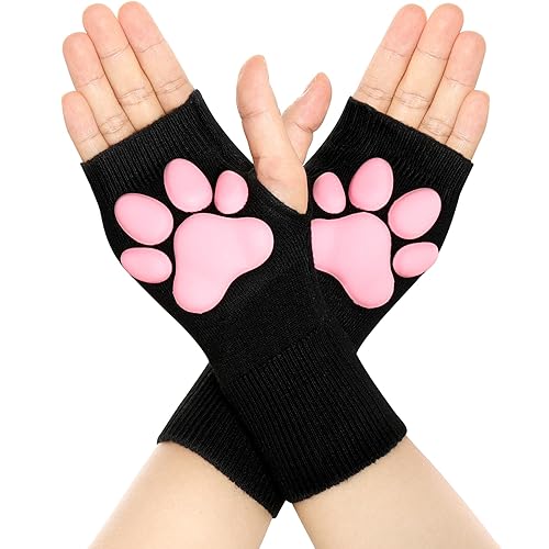 Nydotd Cat Paw Pad Mittens Gloves Kawaii Pink 3D Claw Fingerless Cute Cat Cosplay Gloves Sleeve for Girls Party - Black Short - Short