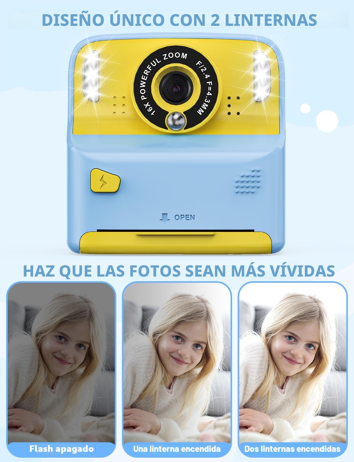 PHNIXGAM Cámara instantánea para niños con 2 Flash, cámara Digital, cámara Infantil, cámara de Fotos HD de 2,4 Pulgadas, Regalo para niños y niñas, Incluye 5 Rollos de Papel de impresión