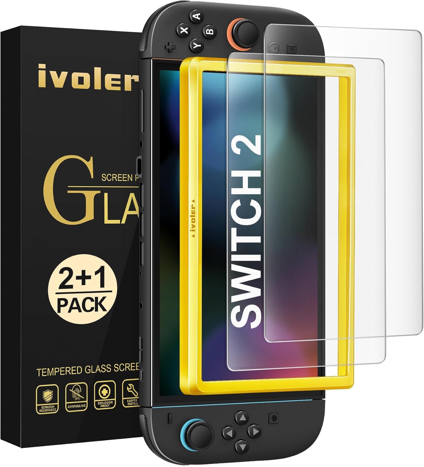 [2枚入り] [Switch 2 モデル対応] ivoler Switch 2用 エッチング加工 防眩 画面保護フィルム 2枚セット - マット仕様 反射防止 強化ガラス アライメントフレーム付き 全面保護 スクラッチ防止