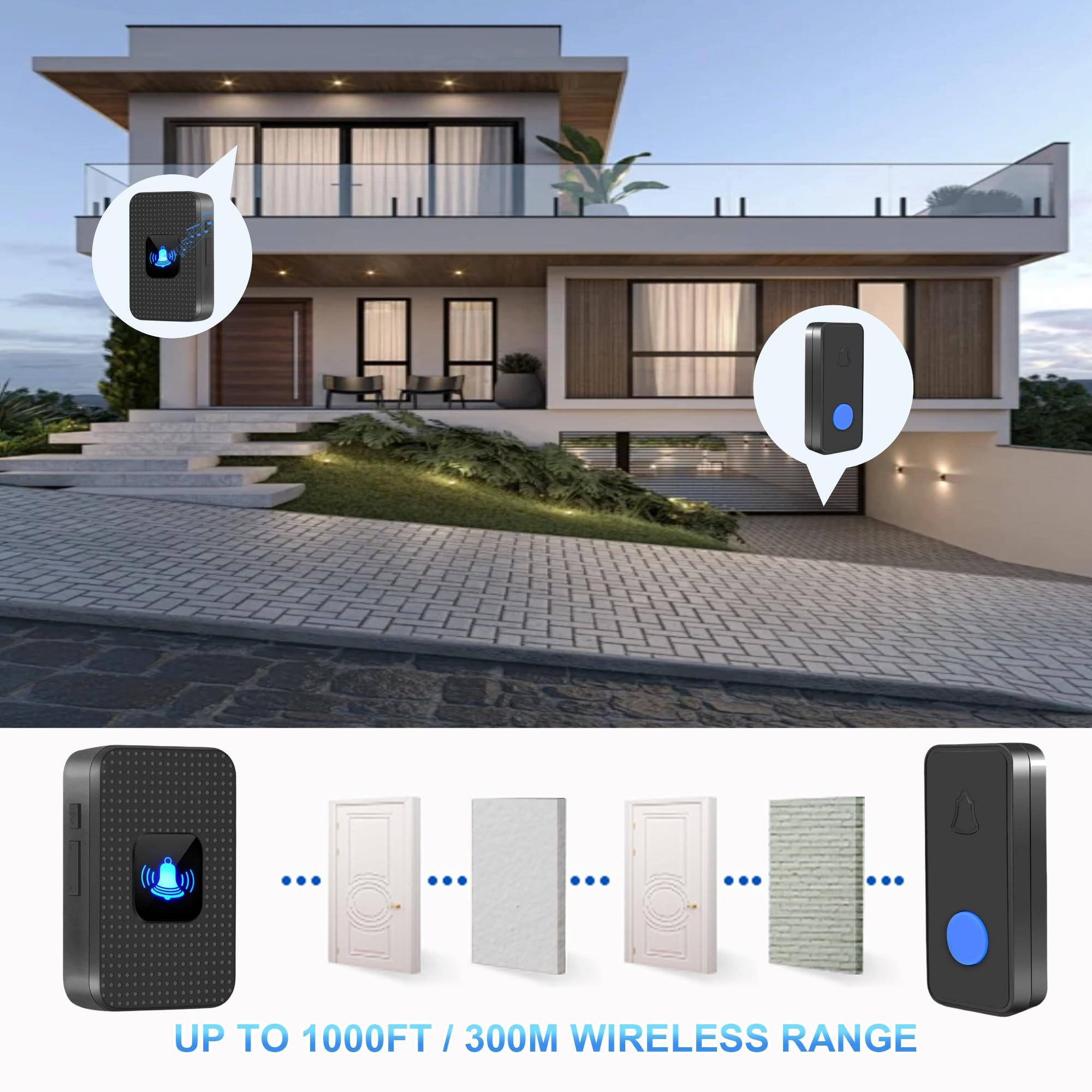 Timbre Inalámbrico Exterior Impermeable IP55, 1 Transmisor y 1 Receptor, Rango de 1000 pies, 55 Melodías, 5 Niveles de Volumen, Modo Silencioso, LED, para Oficinas Domésticas, Negro