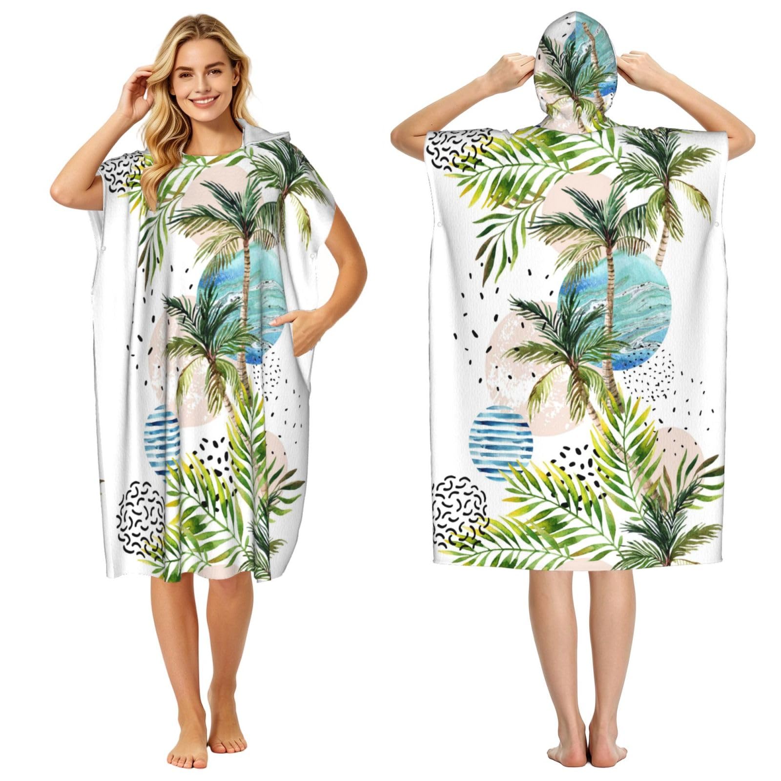Poadnly Palm Tree Beach Tropical, Adult Hooded Beach Towel 90 x 110 cm,Changing Bath Robe, Surf Poncho Towel For Women Men