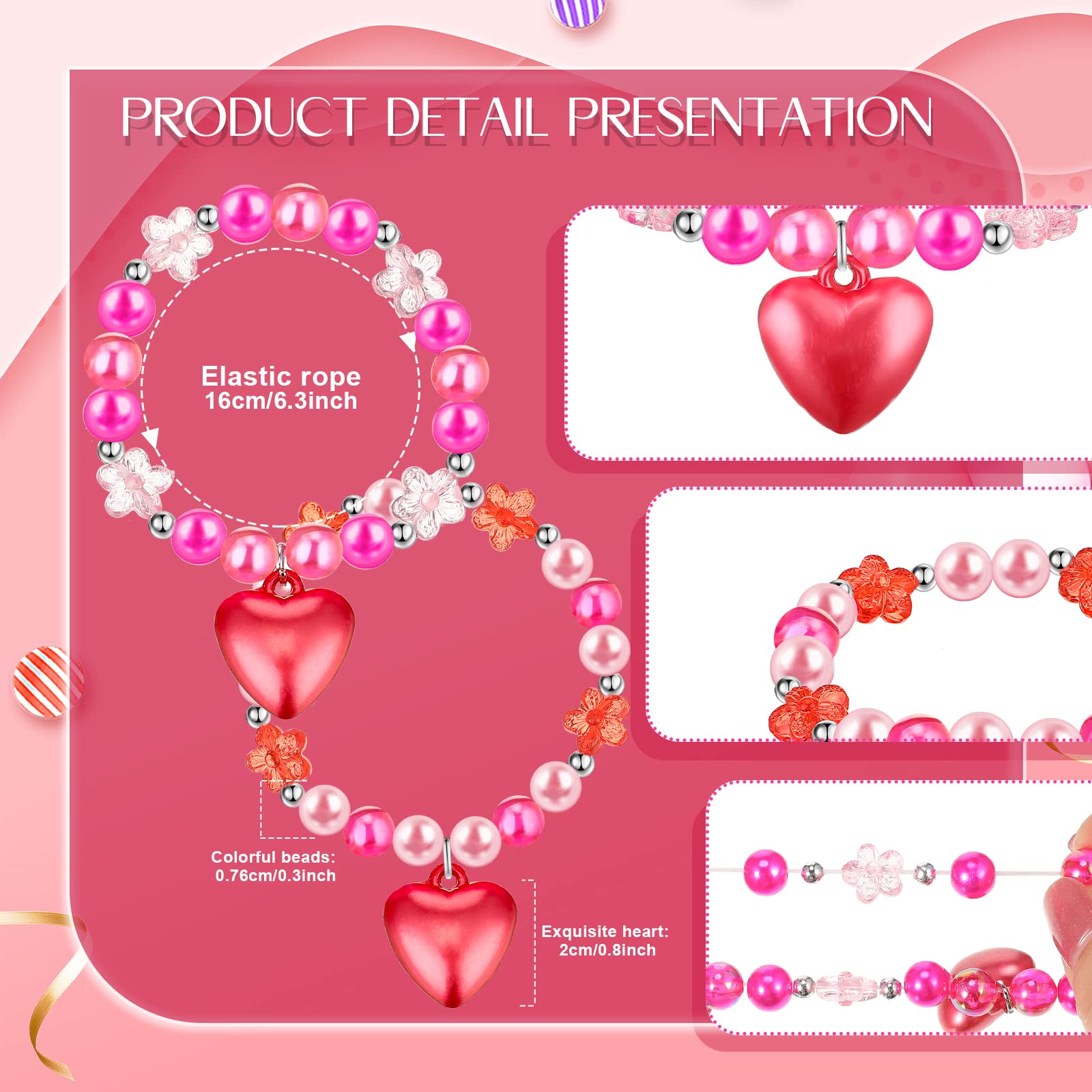 Mtlee 6 Pcs Valentine Day Girls Beaded Bracelets Cute Chunky Bubblegum Bracelets Heart Pendant Crystal Beaded Bracelet for Birthday Photo Props Costume Party Favors, Pink and Red