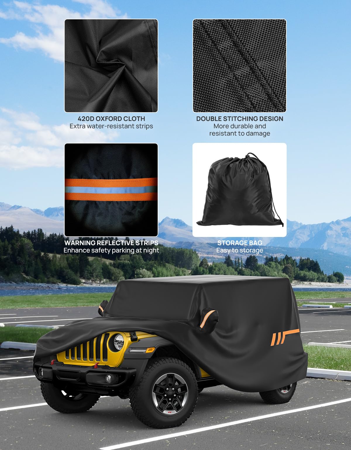 Car Cover Compatible with 2-Door Wrangler JK JL TJ YJ CJ7 JOYTUTUS Water-Resistant All Weather Cover 1976-2024 Wrangler — view 6