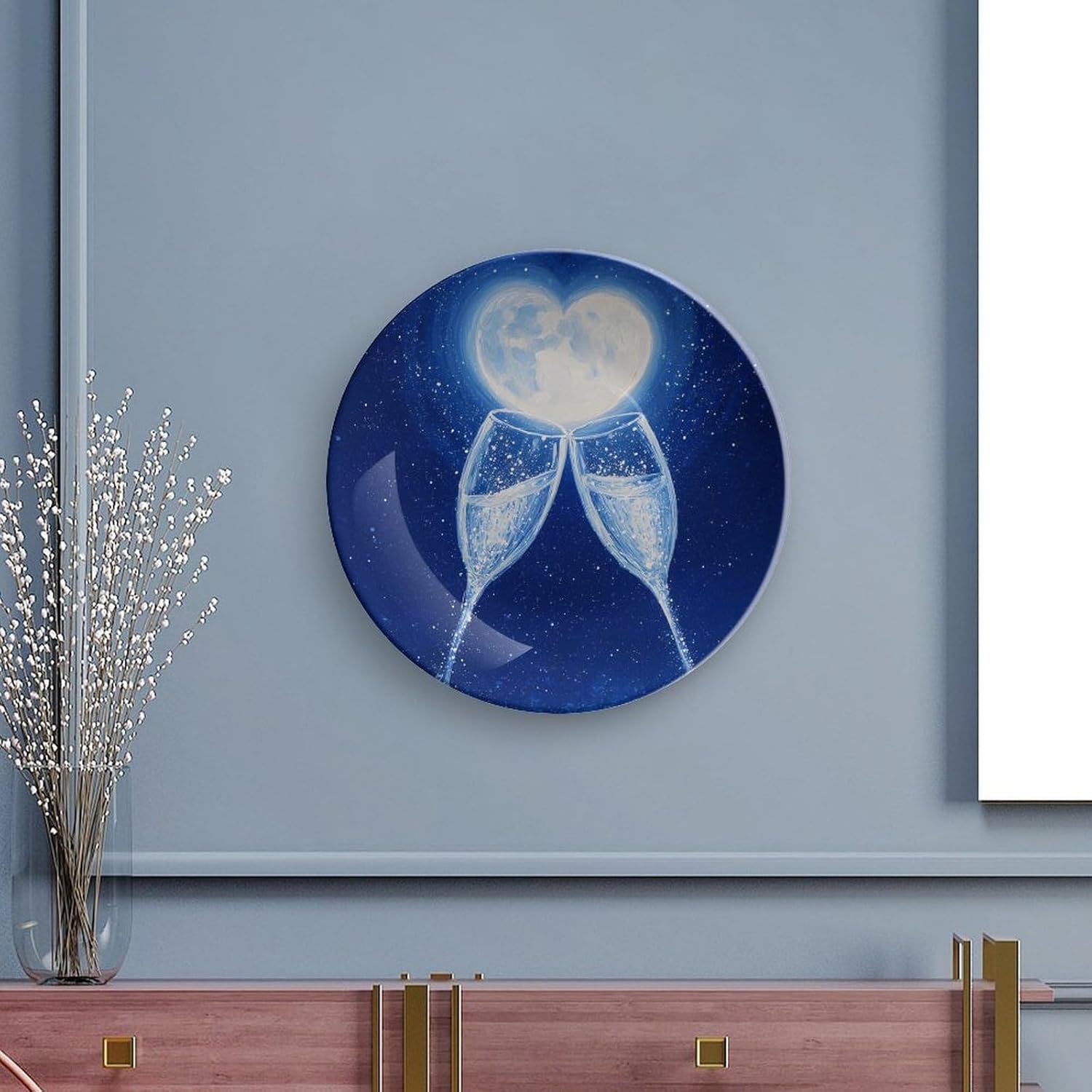 Night Sky Champagne New Year Decorative Plates for Display Ceramic Plate Tray with Stand Hanger Home Decor