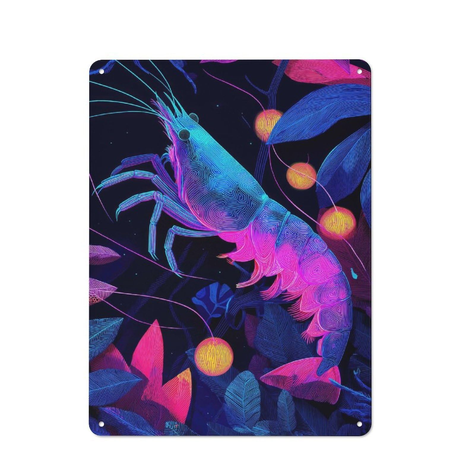 Junmoney Style-8 Vintage Tin Sign With Neon Shrimp In Bloom Design 40X30cm, Vintage Cafe Wall Decor For Coffee Bar, Kitchen, Bistro Or Tea Corner