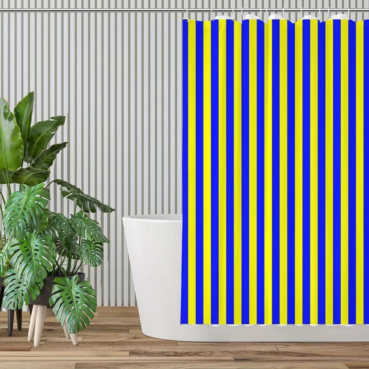 Tenda da doccia a righe verticali, fantasia blu e gialla, design geometrico moderno, in poliestere con ganci, decorazione per la casa, paraschizzi per il bagno (240x210 cm/LxA)