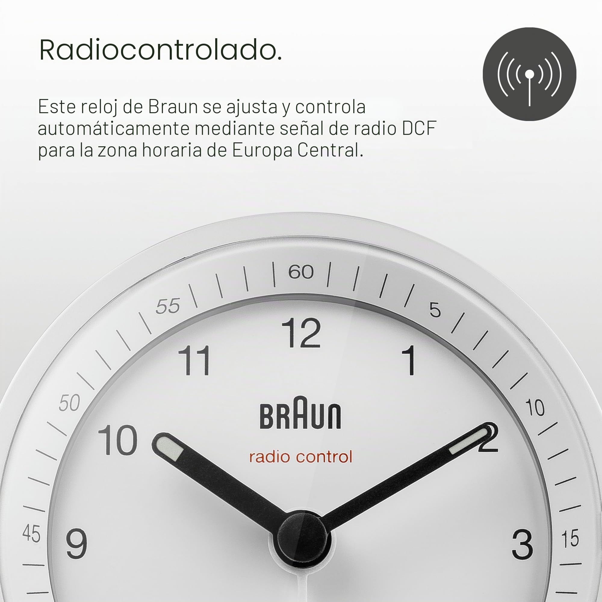 Braun Classic Radio Controlled Analogue Alarm Clock For Central European Time Zone (DCF/GMT+1) with Snooze and Light, Quiet Quartz Movement, Crescendo Beep Alarm in White, Model BC07W-DCF.